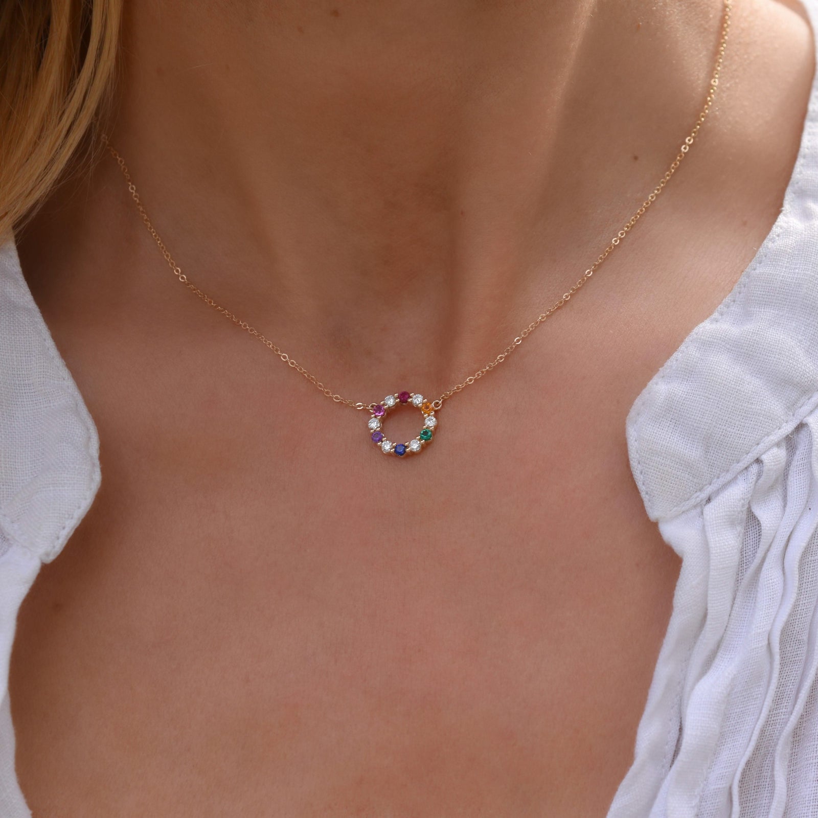 Rainbow Rosecliff Small Circle Necklace with Diamonds in 14k Gold