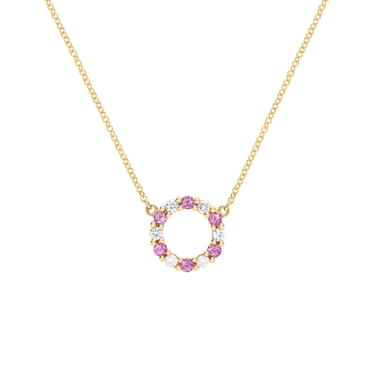 Rosecliff small open circle necklace with 12 alternating 2 mm pink sapphires & diamonds prong set in 14k gold - front view