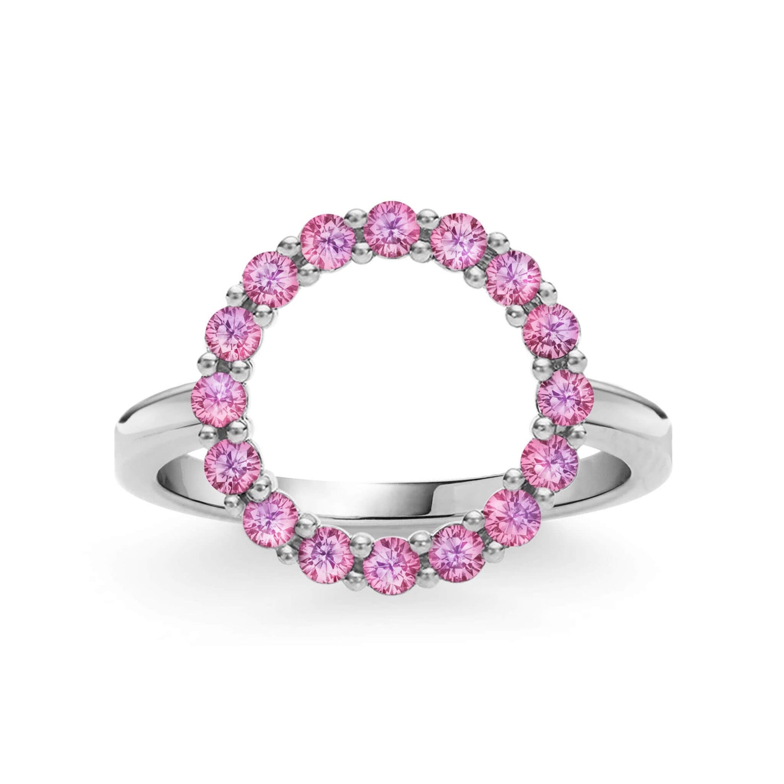 Rosecliff open circle ring featuring sixteen 2 mm faceted round cut pink sapphires prong set in 14k white gold