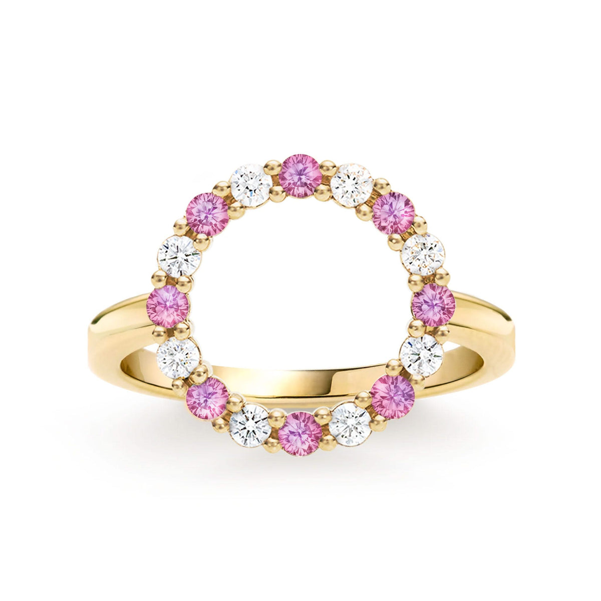 Rosecliff open circle ring featuring alternating sixteen 2 mm pink sapphires & diamonds prong set in 14k gold - front view