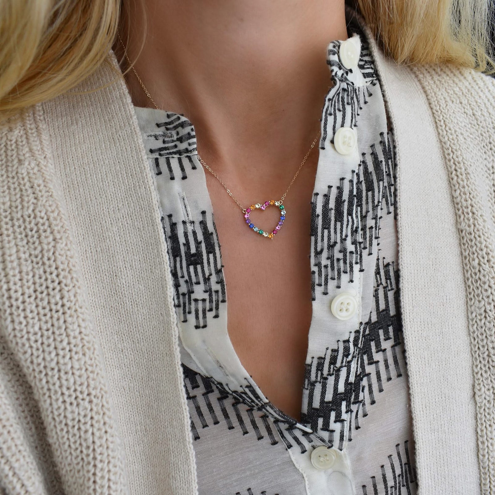 Rainbow Rosecliff Heart Necklace in 14k Gold