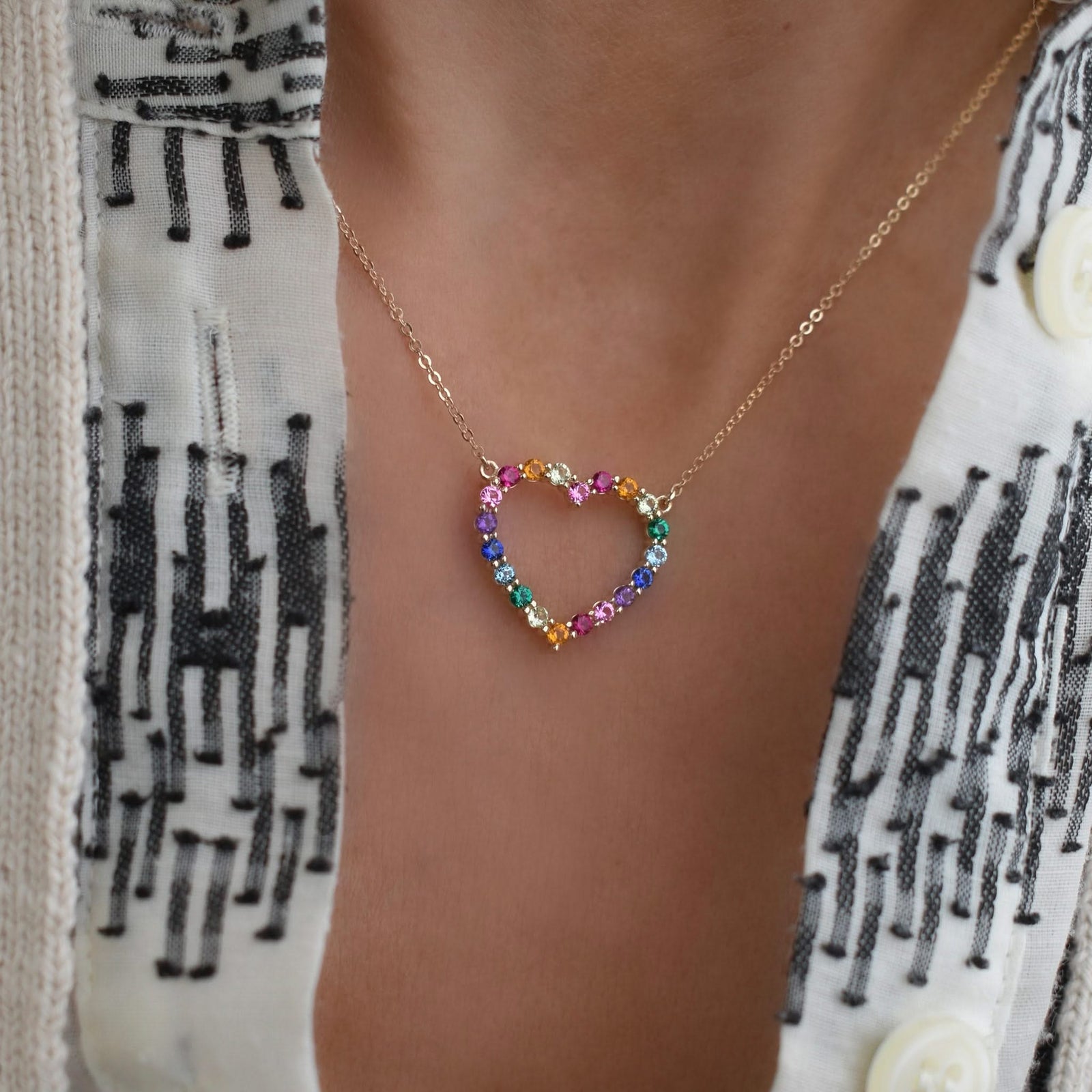 Rainbow Rosecliff Heart Necklace in 14k Gold