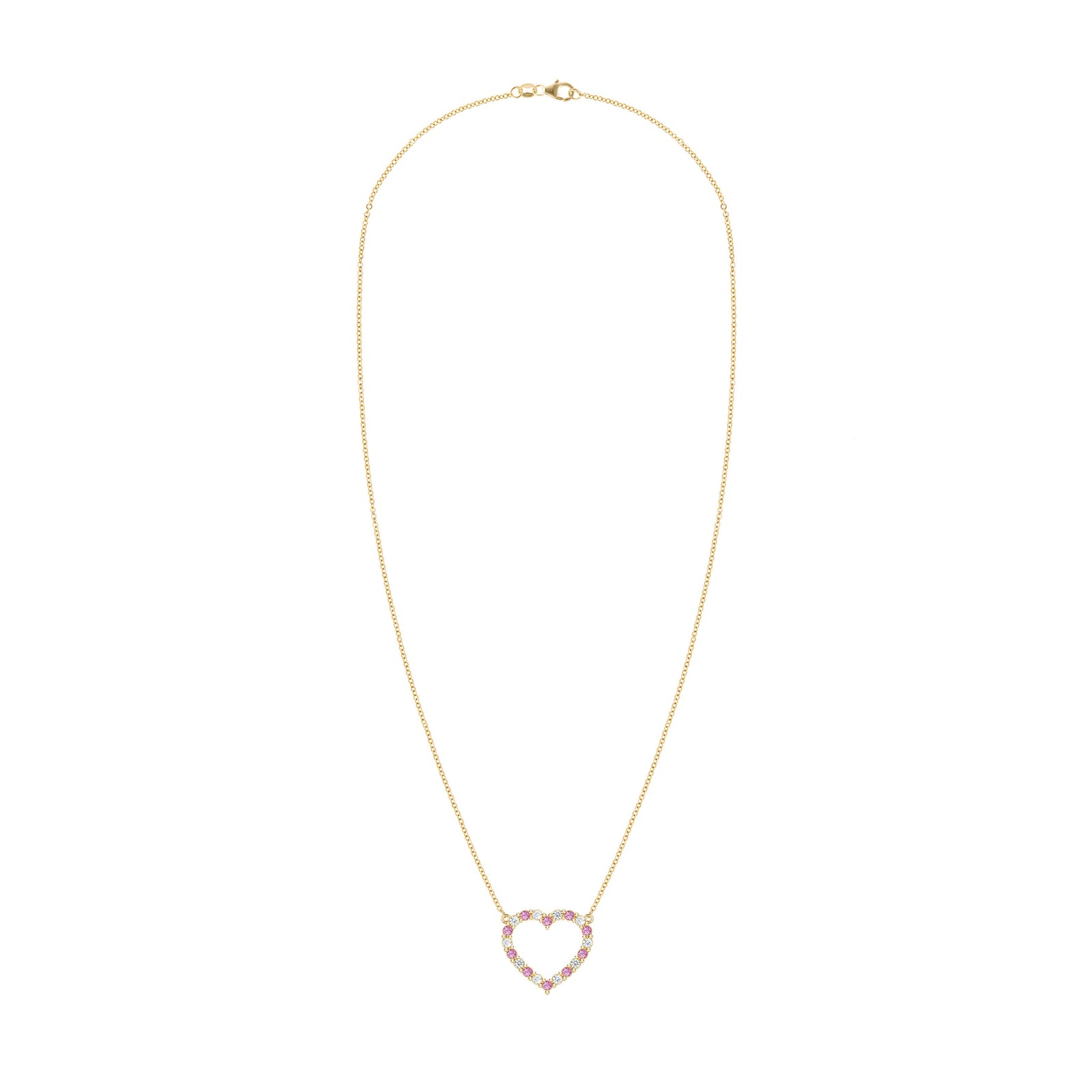 Rosecliff Heart Necklace featuring twenty alternating pink sapphires and diamonds prong set in 14k Gold