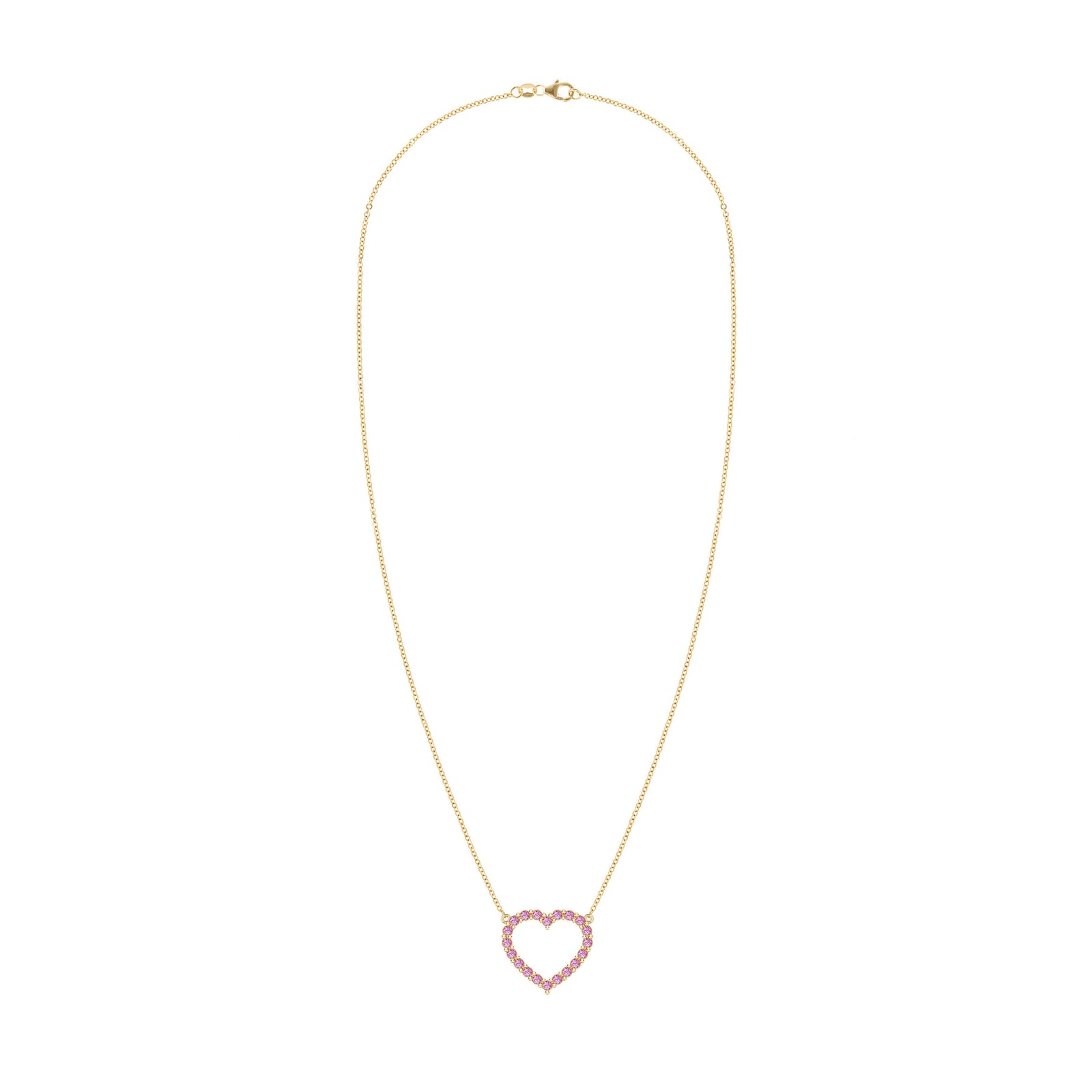 Rosecliff Heart Necklace featuring twenty faceted round cut pink sapphires prong set in 14k yellow Gold