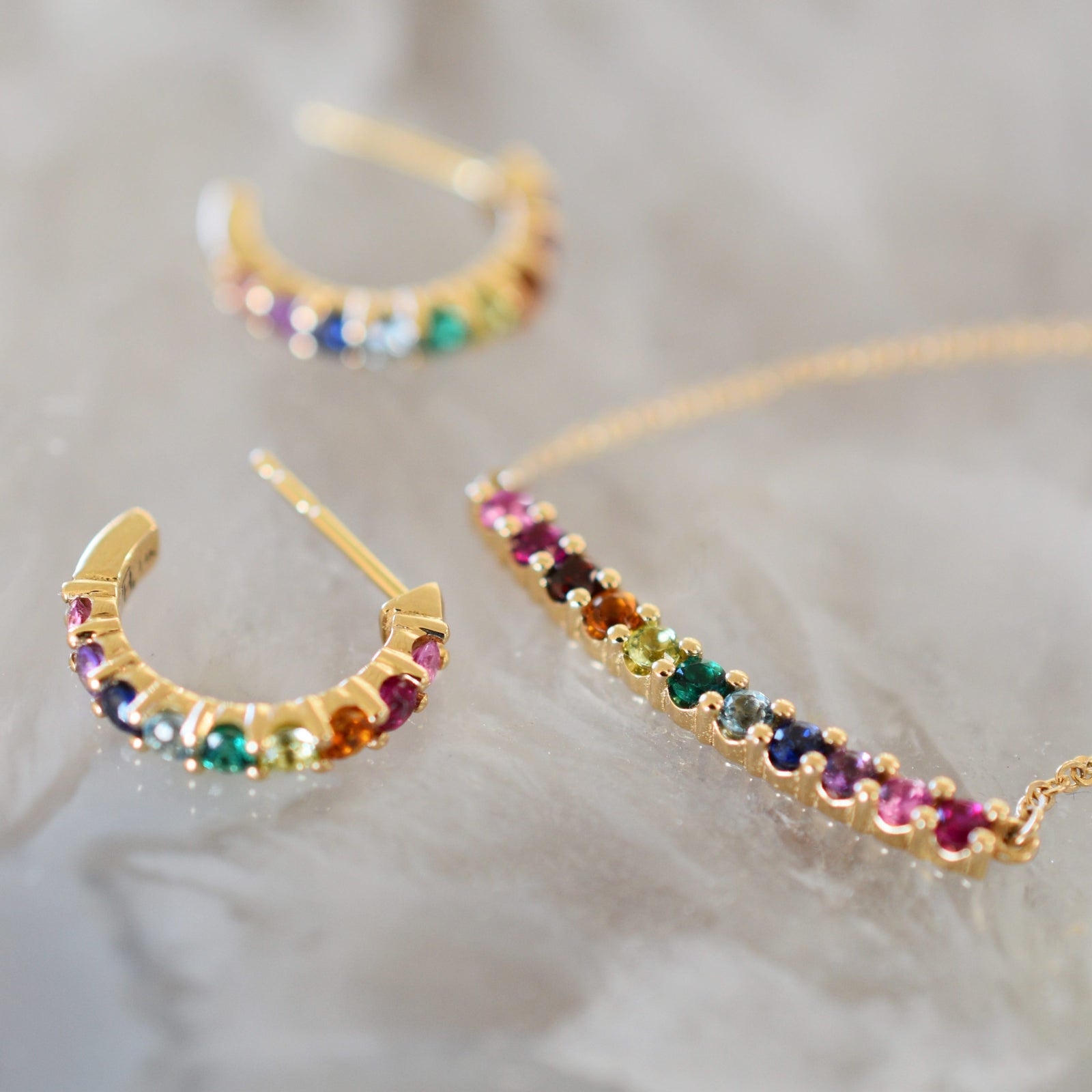 Rainbow Rosecliff Bar Necklace and Huggie Hoop Earrings Set in 14k Gold