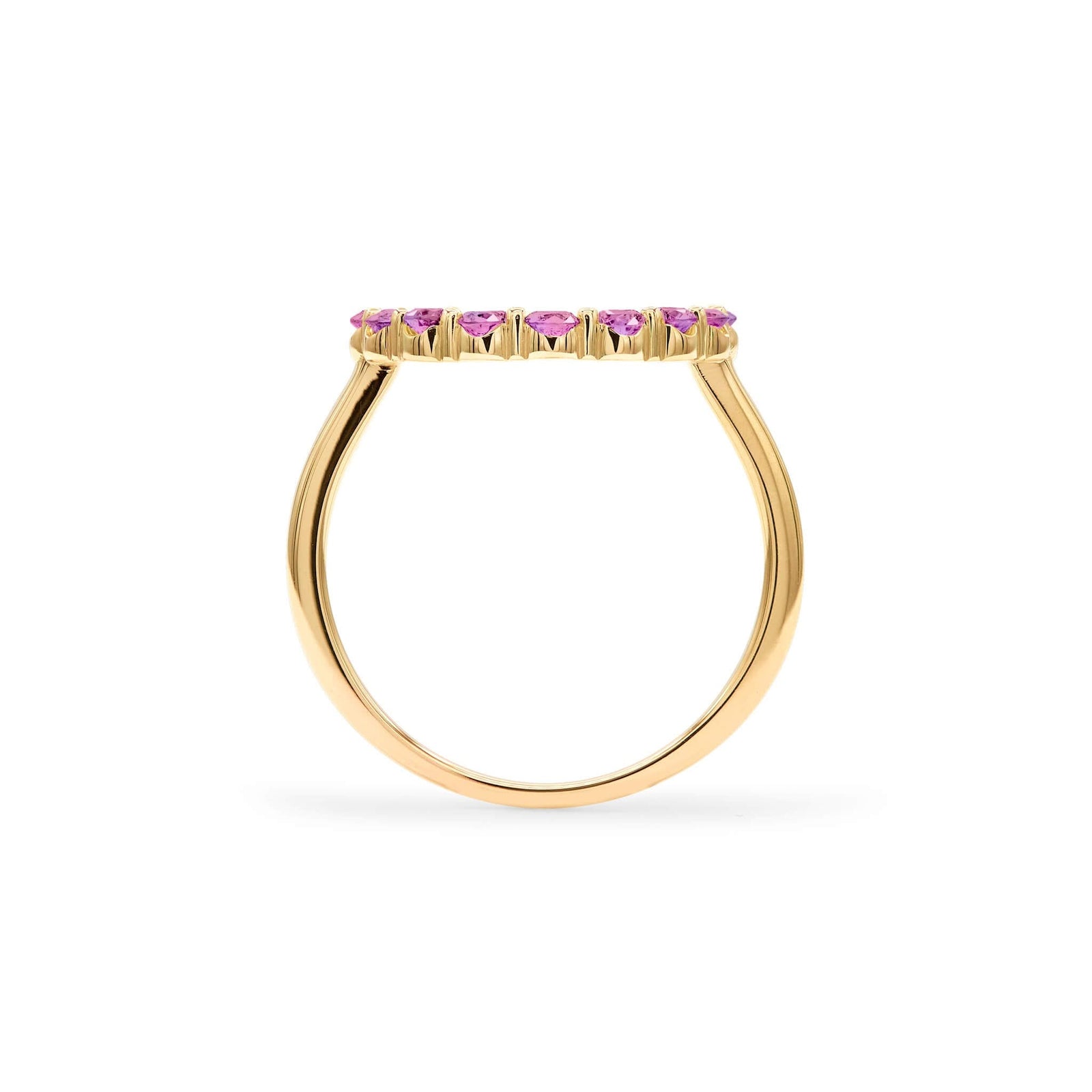 Rosecliff open circle ring featuring sixteen 2 mm faceted round cut pink sapphires prong set in 14k gold - standing view
