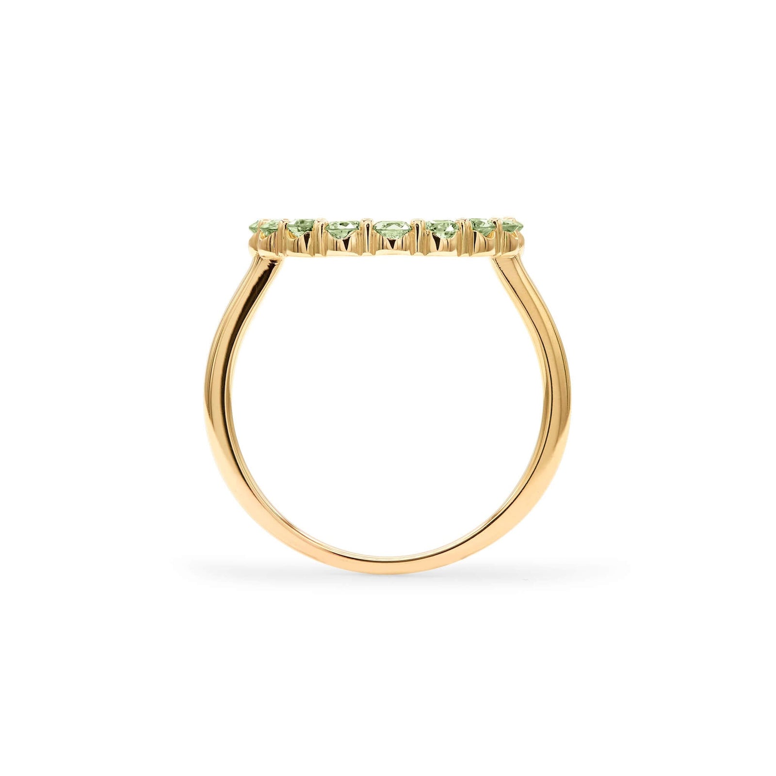 Rosecliff open circle ring featuring sixteen 2mm faceted round cut peridots prong set in 14k yellow gold - standing view