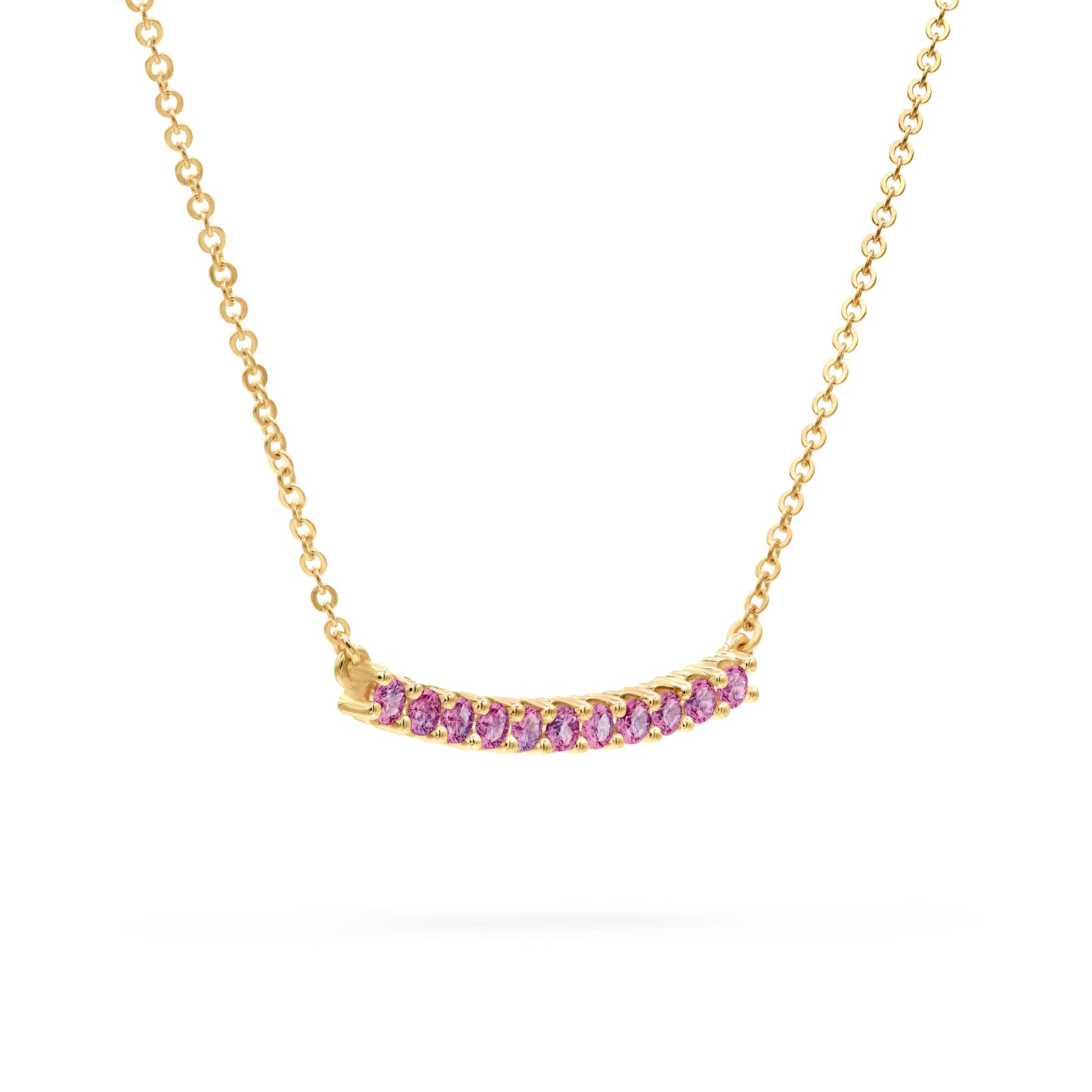Rosecliff bar necklace with eleven 2 mm faceted round cut pink sapphires prong set in solid 14k yellow gold - angled view
