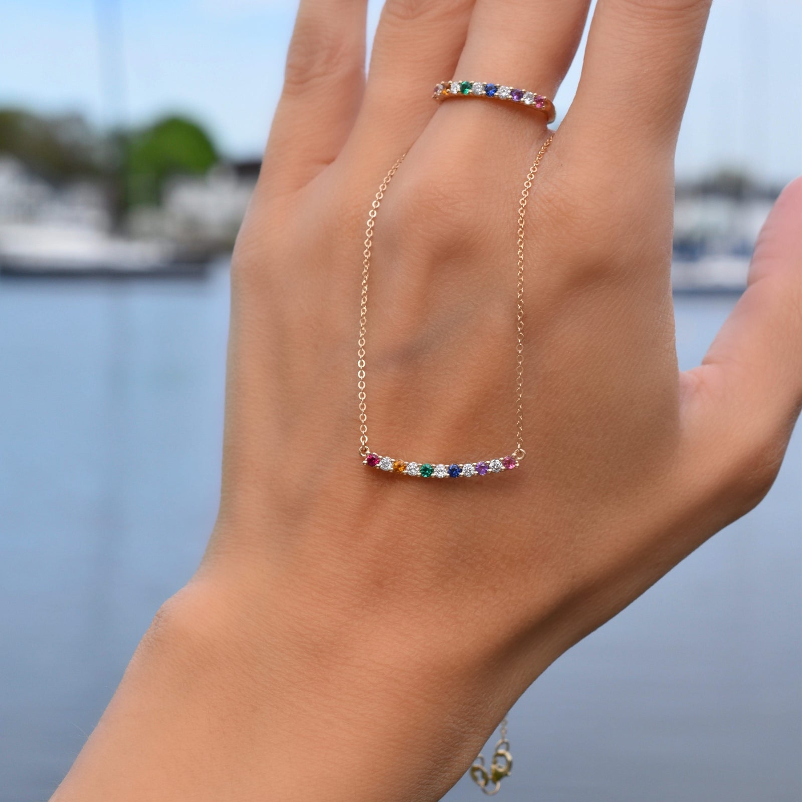 Rainbow Rosecliff Bar Necklace with Diamonds in 14k Gold