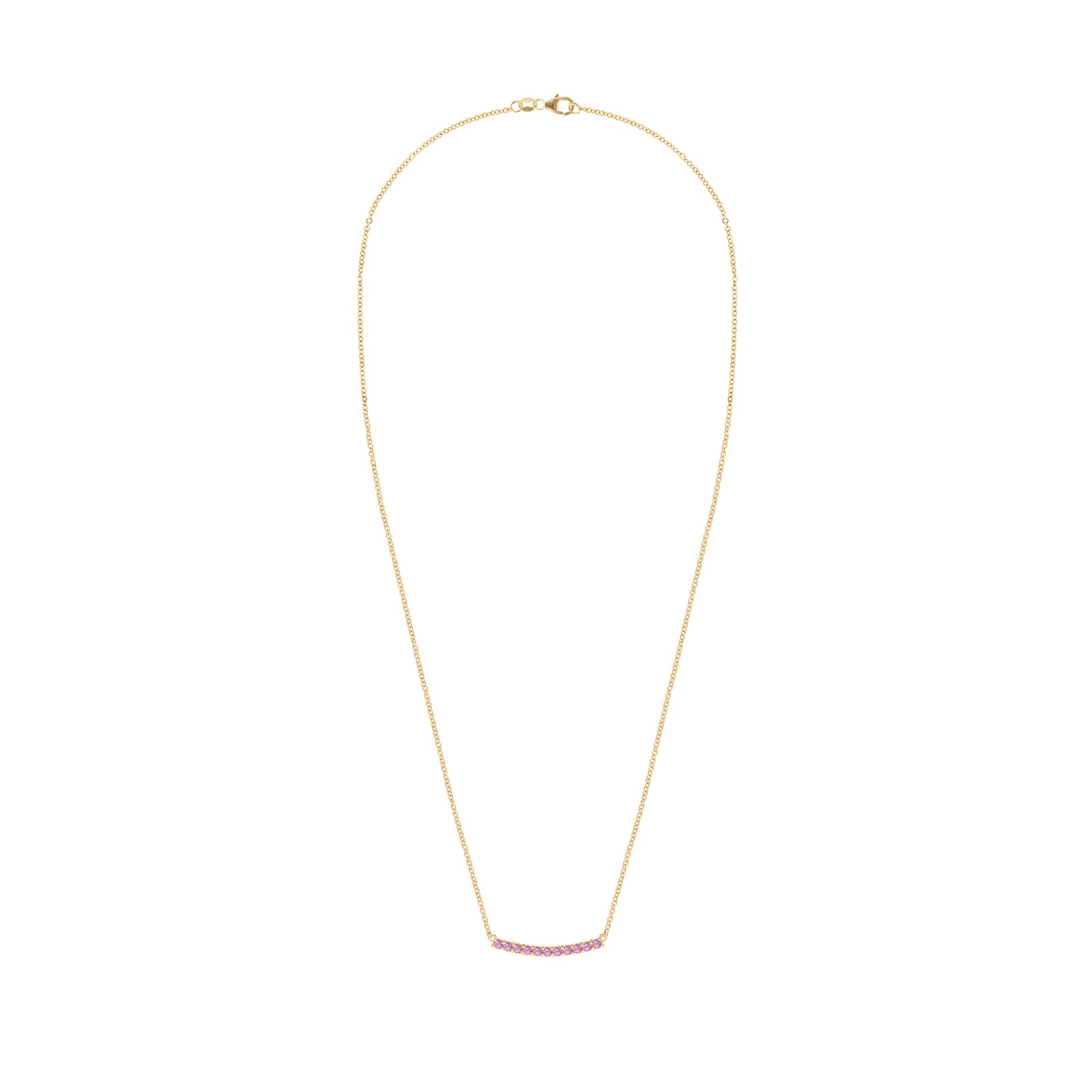Rosecliff bar necklace with eleven 2 mm faceted round cut pink sapphires prong set in solid 14k yellow gold