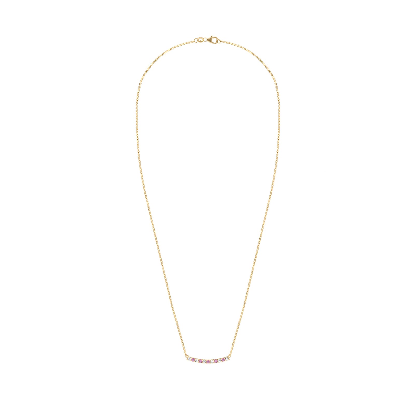 Rosecliff bar necklace with eleven alternating 2 mm round cut pink sapphires & diamonds prong set in 14k yellow gold
