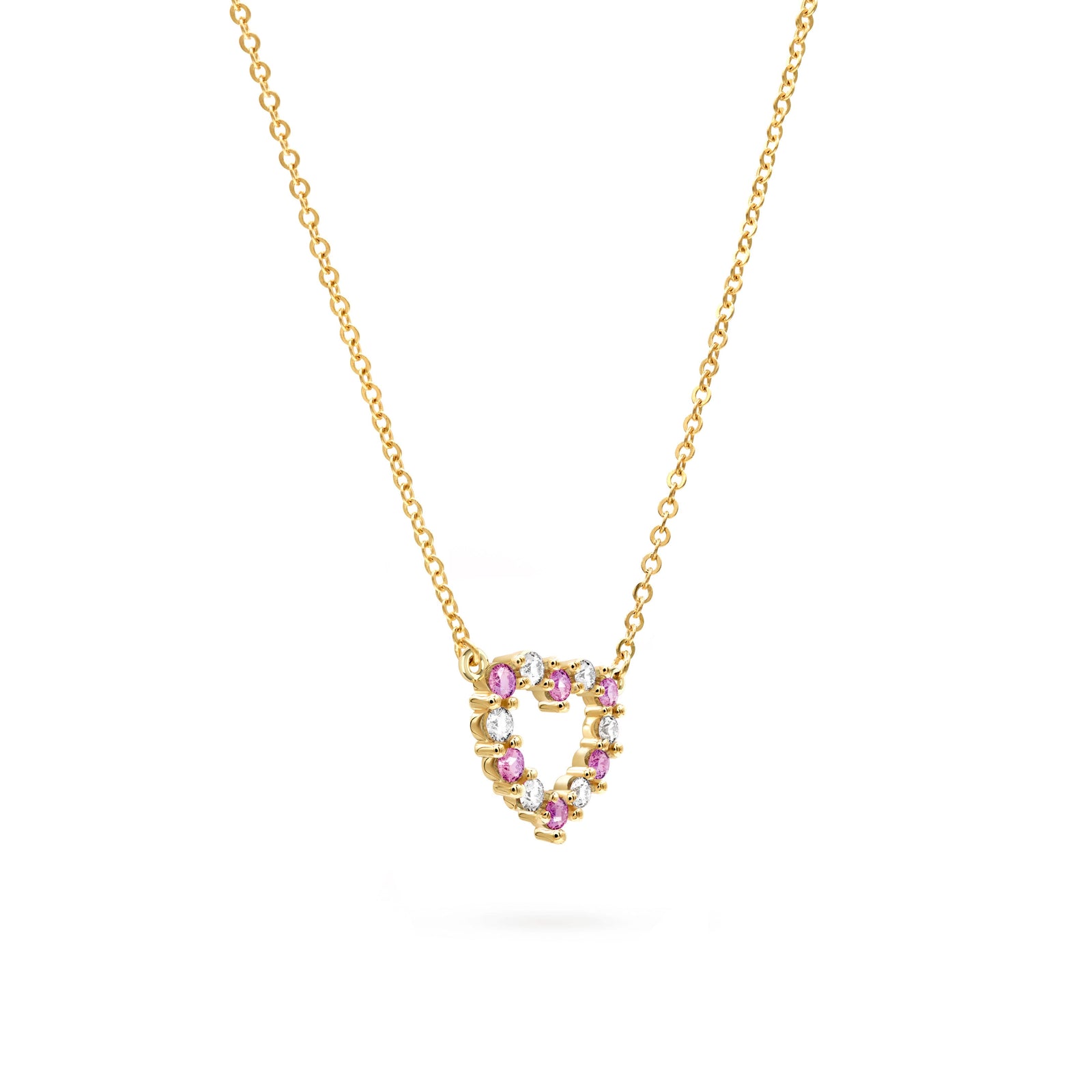 Rosecliff Heart Necklace featuring twelve alternating pink sapphires and diamonds prong set in 14k Gold - angled view