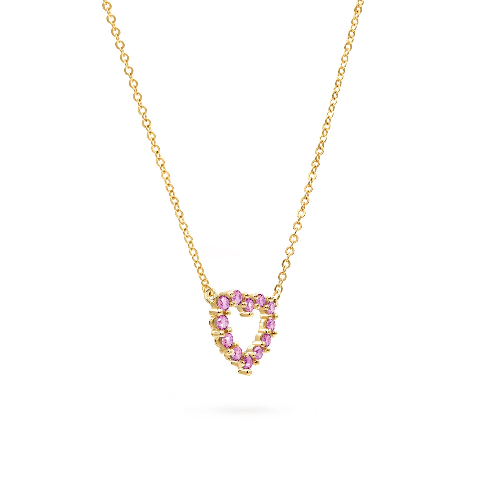 Rosecliff Heart Necklace featuring twelve faceted round cut pink sapphires prong set in 14k yellow Gold - angled view