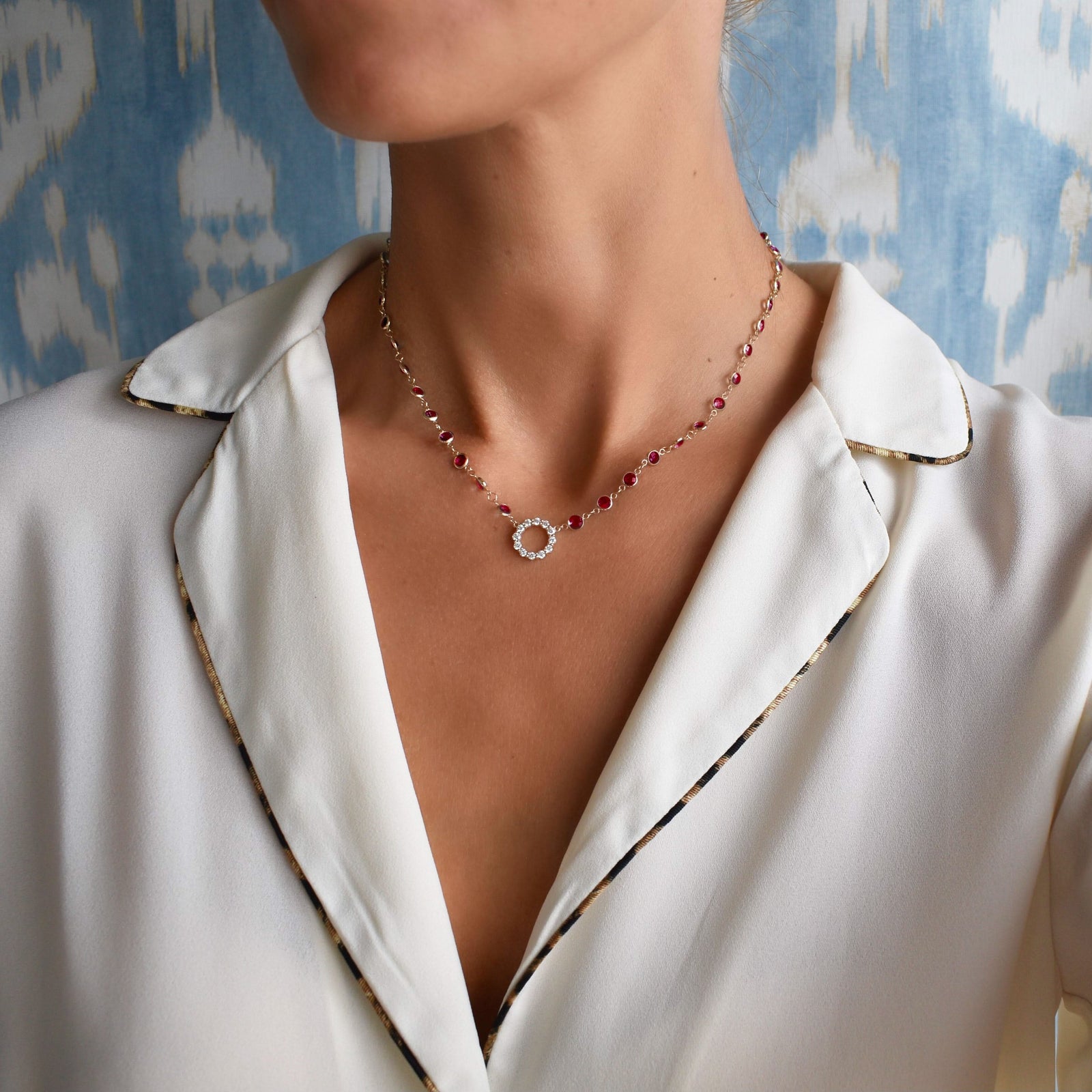 Rosecliff Diamond Small Circle & Newport Ruby Necklace in 14k Gold (July)