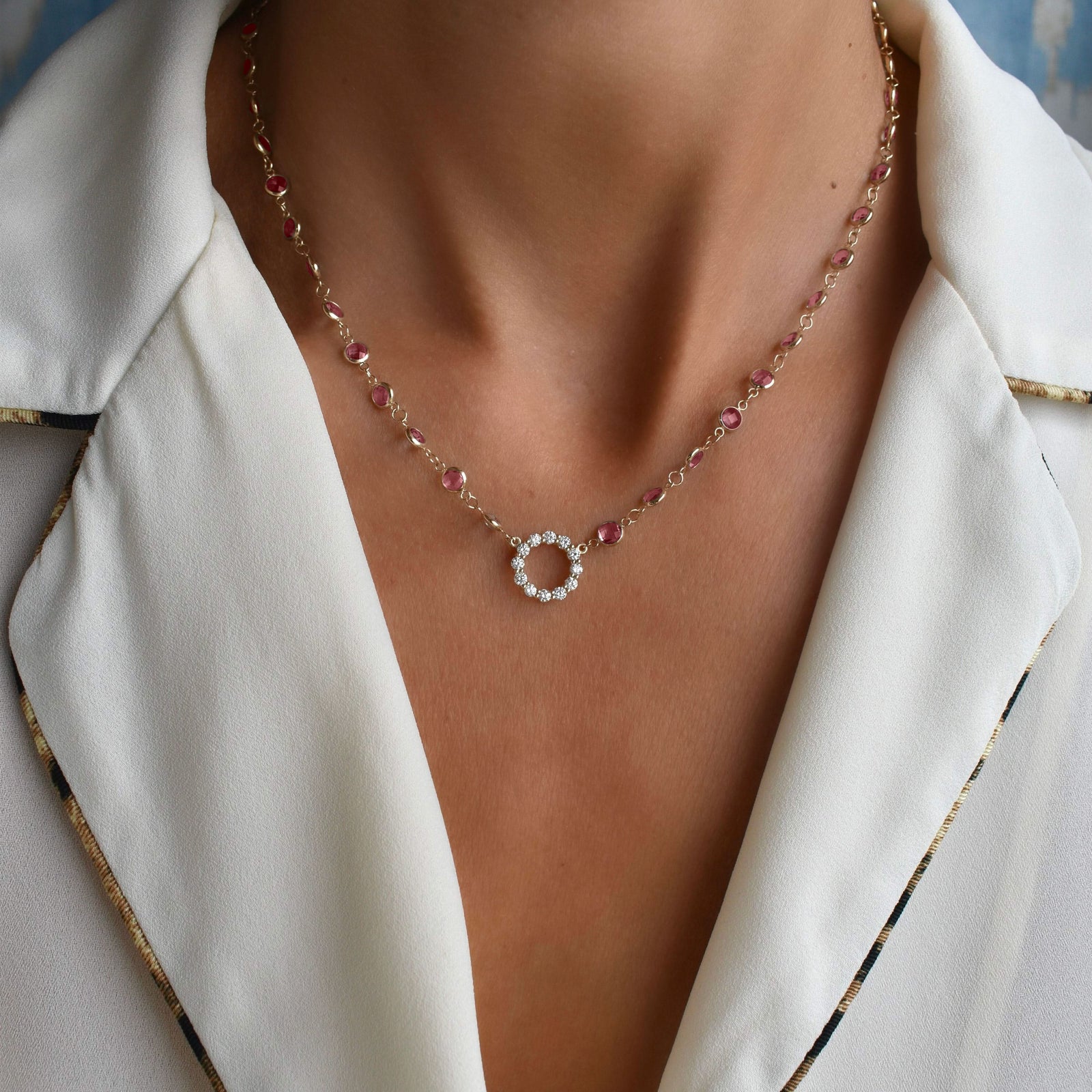 Rosecliff Diamond Small Circle & Newport Pink Sapphire Necklace in 14k Gold (October)