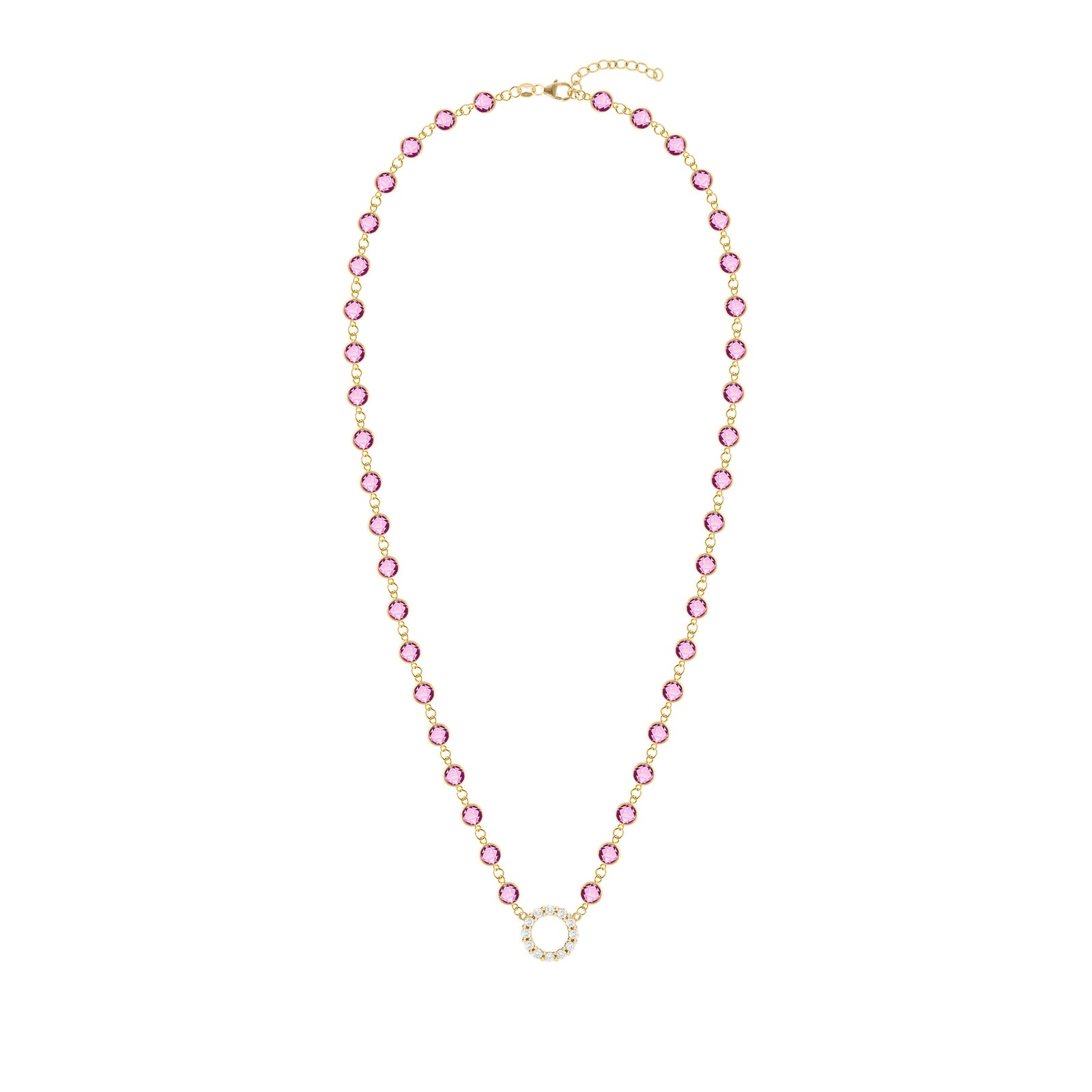 Rosecliff Diamond Small Circle & Newport Pink Sapphire Necklace in 14k Gold (October)