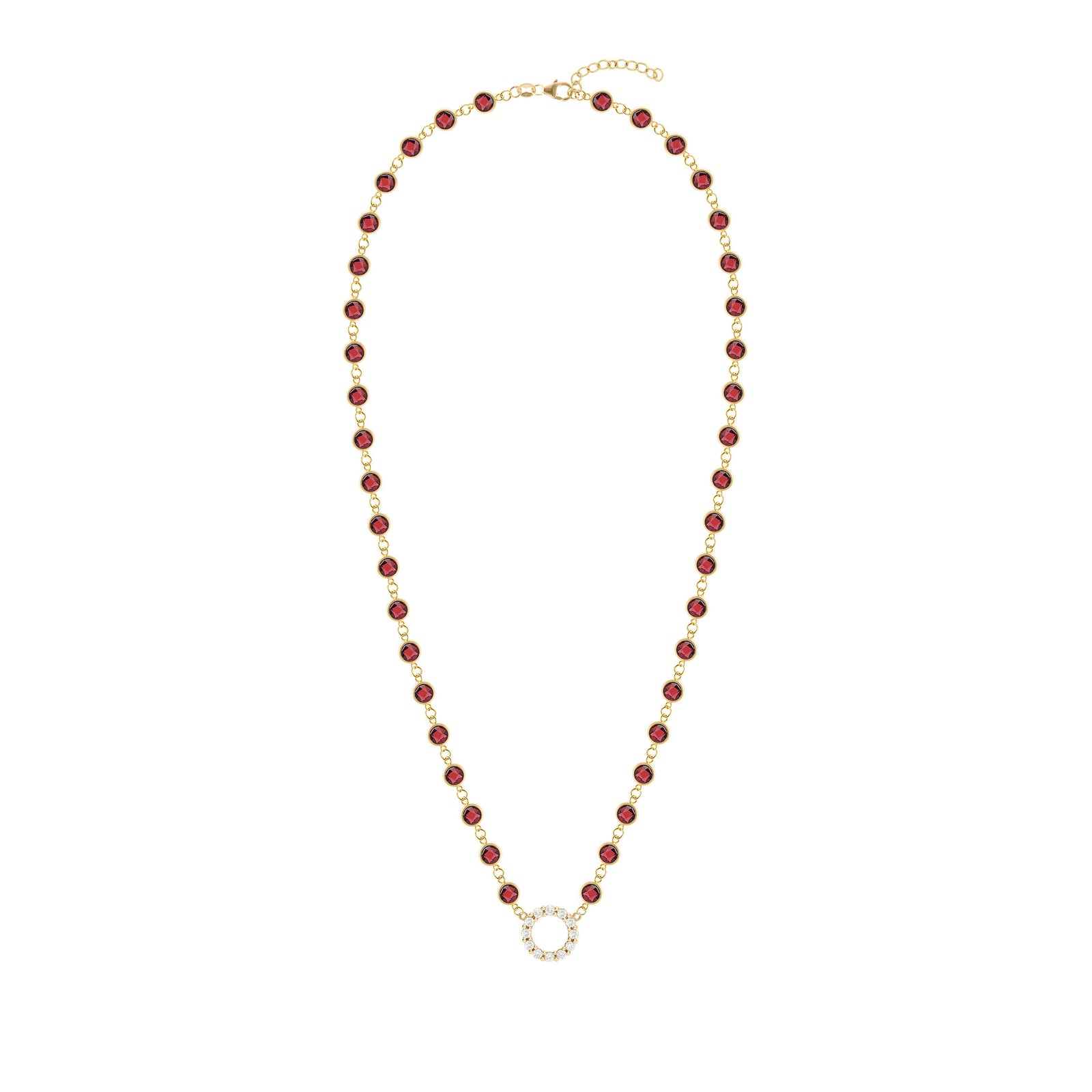 Rosecliff Diamond Small Circle & Newport Garnet Necklace in 14k Gold (January)