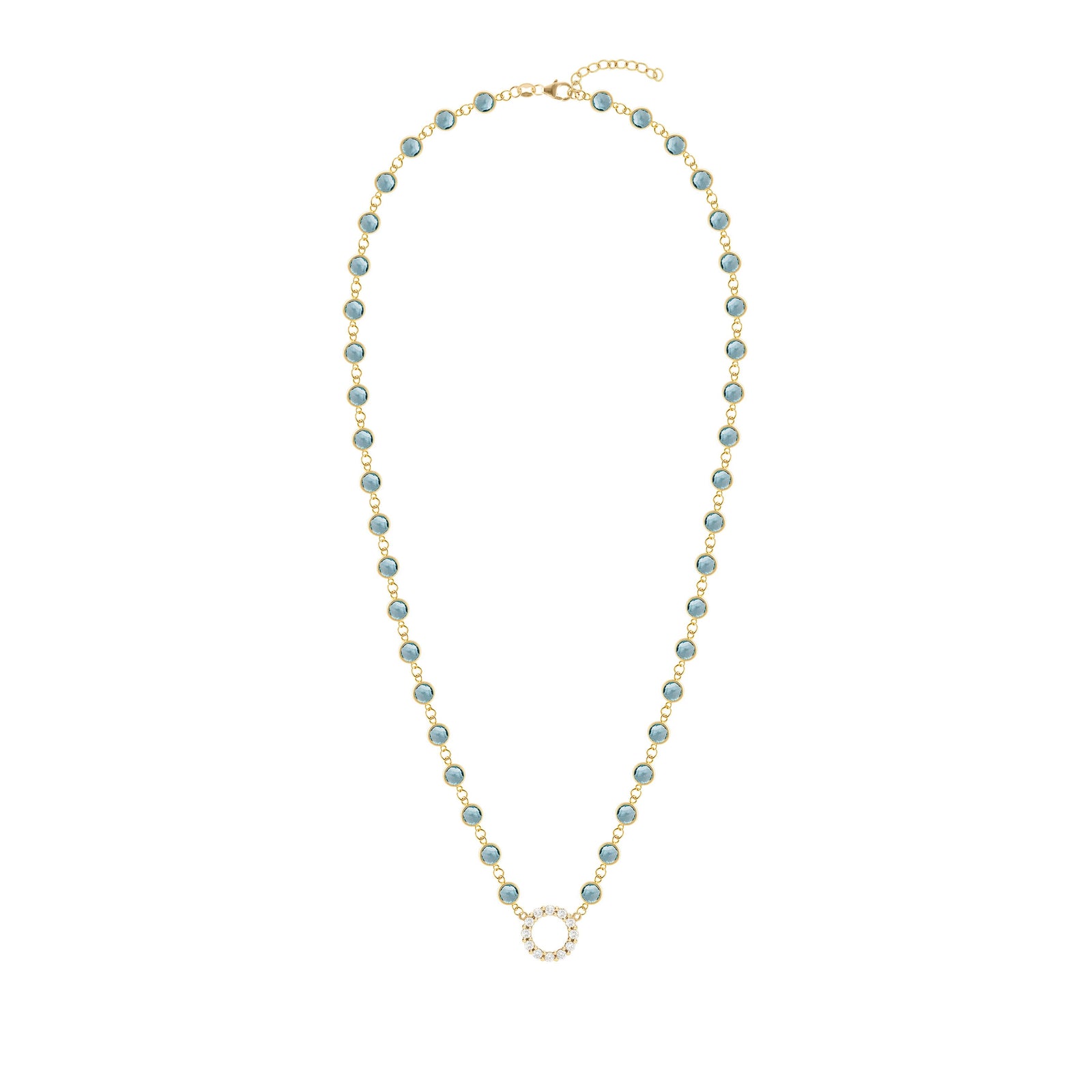 Rosecliff Diamond Small Circle & Newport Nantucket Blue Topaz Necklace in 14k Gold (December)