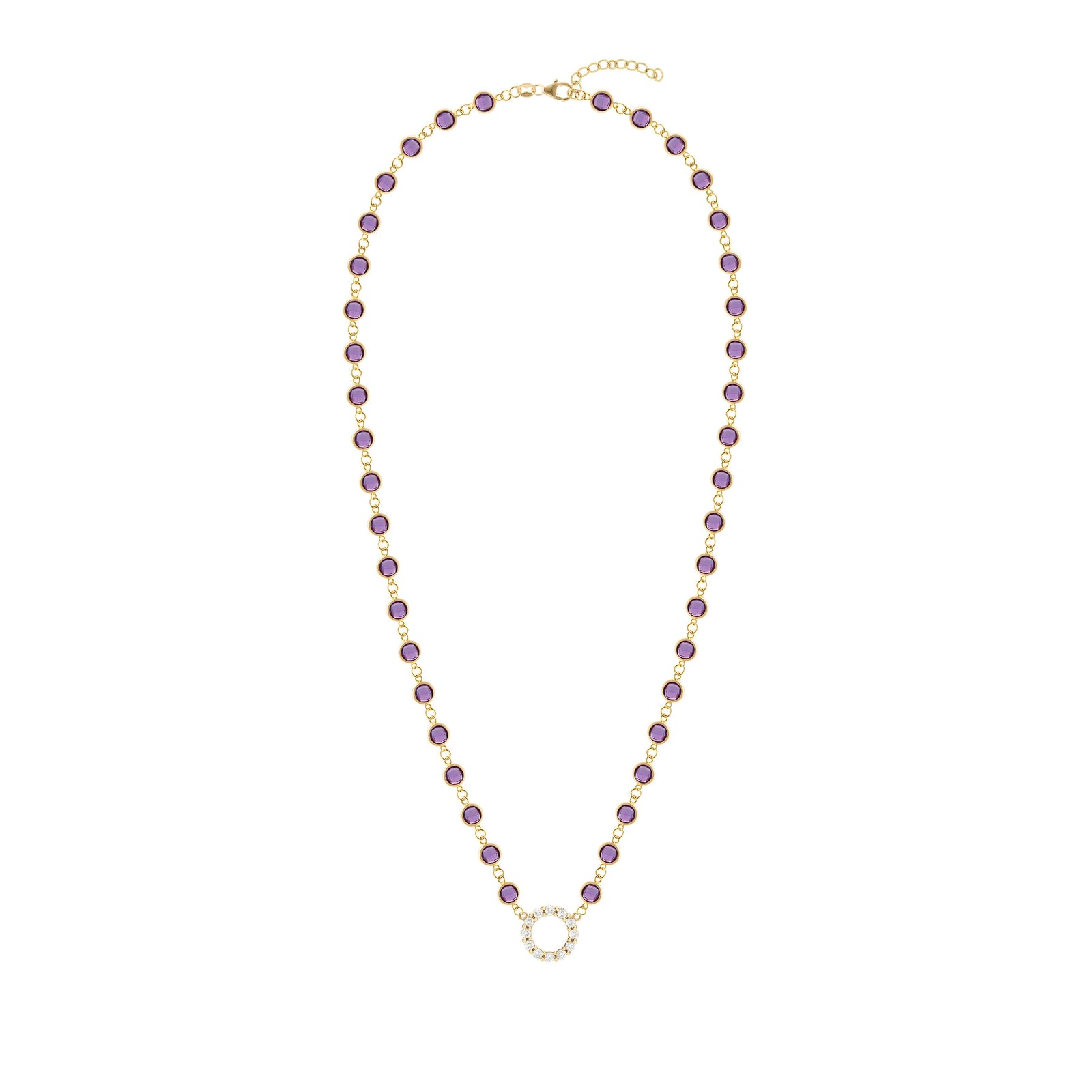 Rosecliff Diamond Small Circle & Newport Amethyst Necklace in 14k Gold (February)