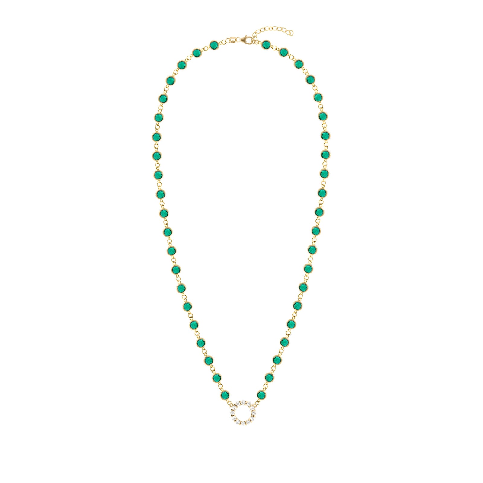 Rosecliff Diamond Small Circle & Newport Emerald Necklace in 14k Gold (May)