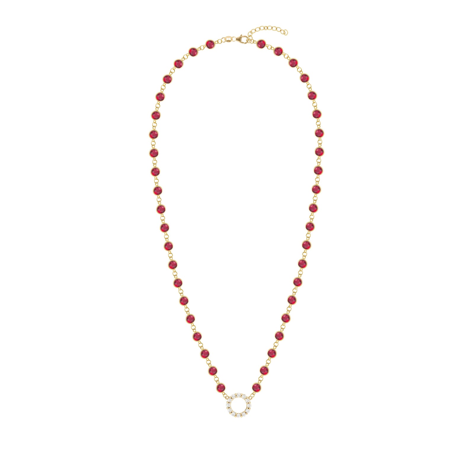 Rosecliff Diamond Small Circle & Newport Ruby Necklace in 14k Gold (July)