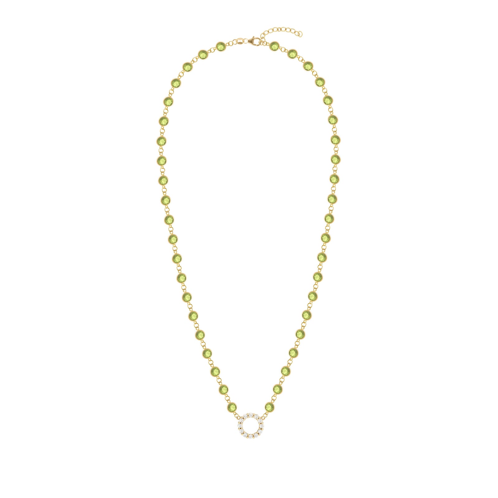 Rosecliff Diamond Small Circle & Newport Peridot Necklace in 14k Gold (August)