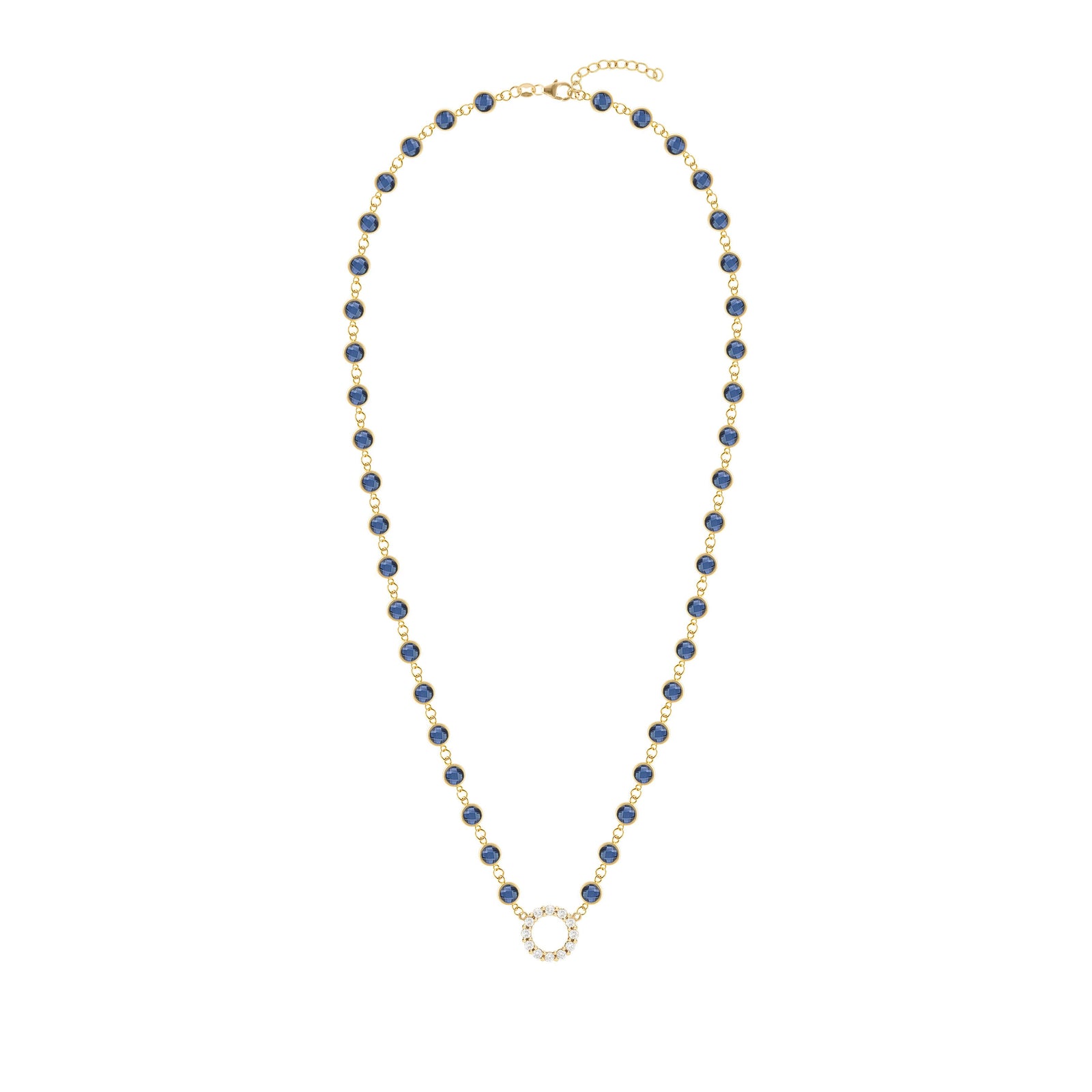 Rosecliff Diamond Small Circle & Newport Sapphire Necklace in 14k Gold (September)