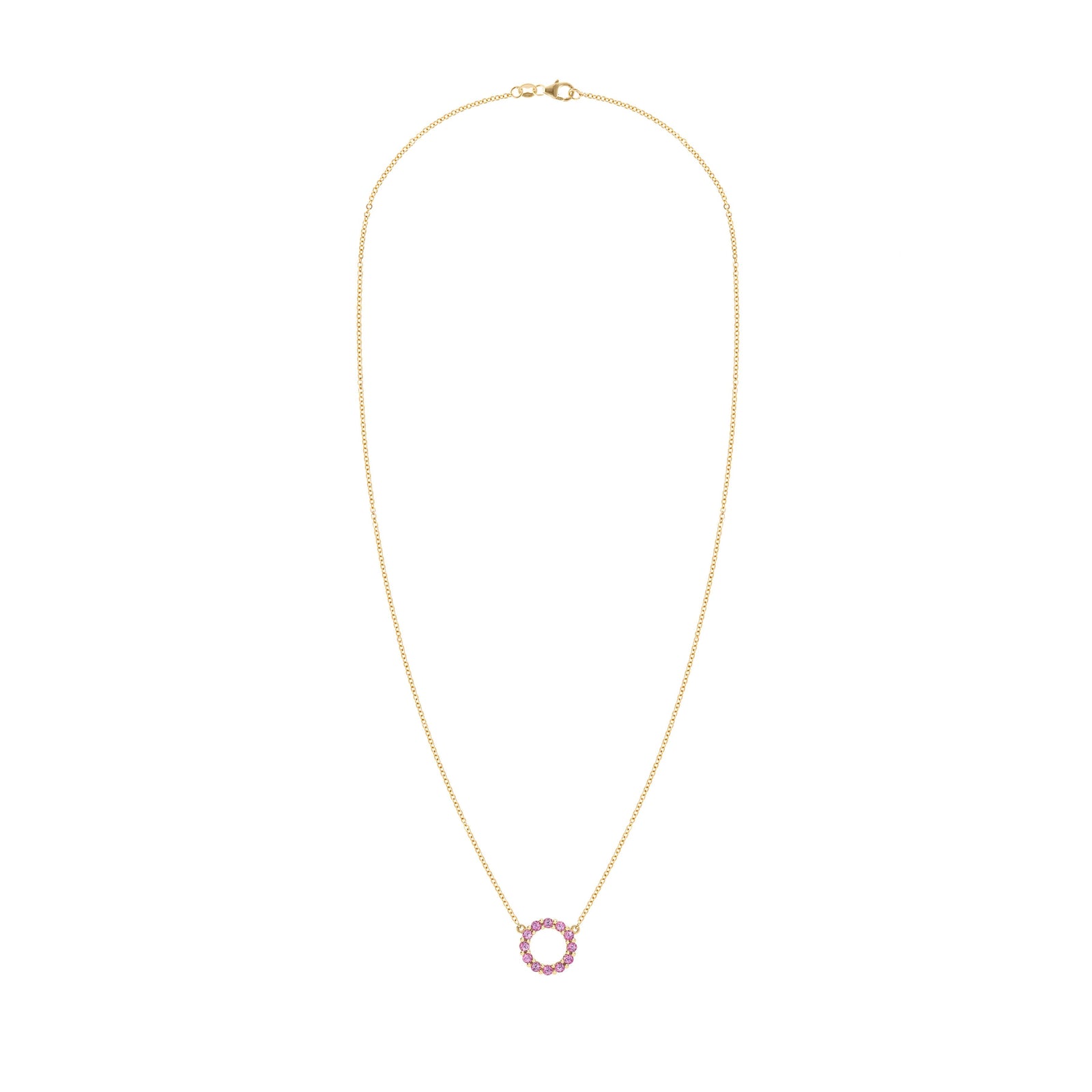 Rosecliff small open circle necklace featuring twelve 2mm faceted round cut pink sapphires prong set in 14k yellow gold