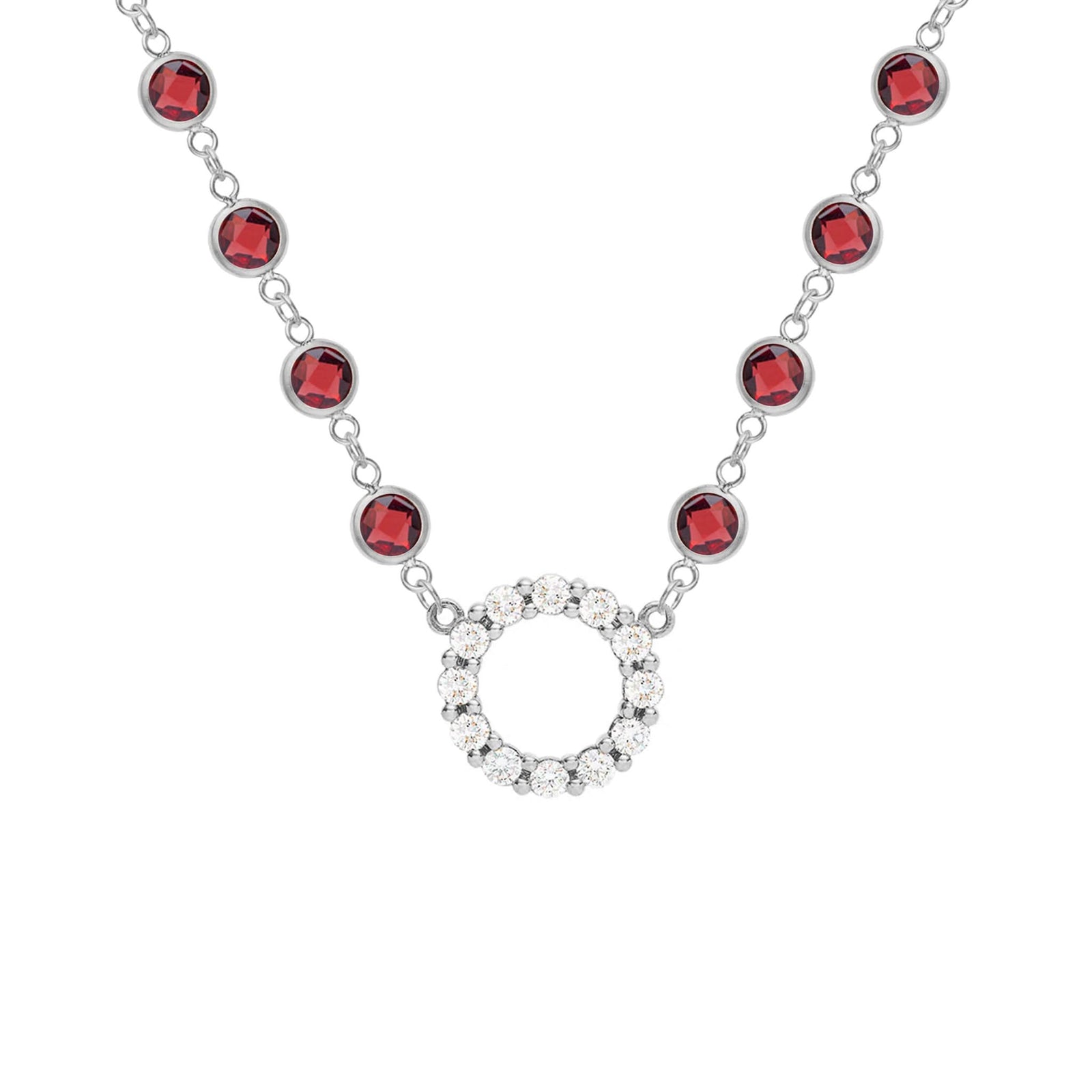 Rosecliff Diamond Small Circle & Newport Garnet Necklace in 14k Gold (January)