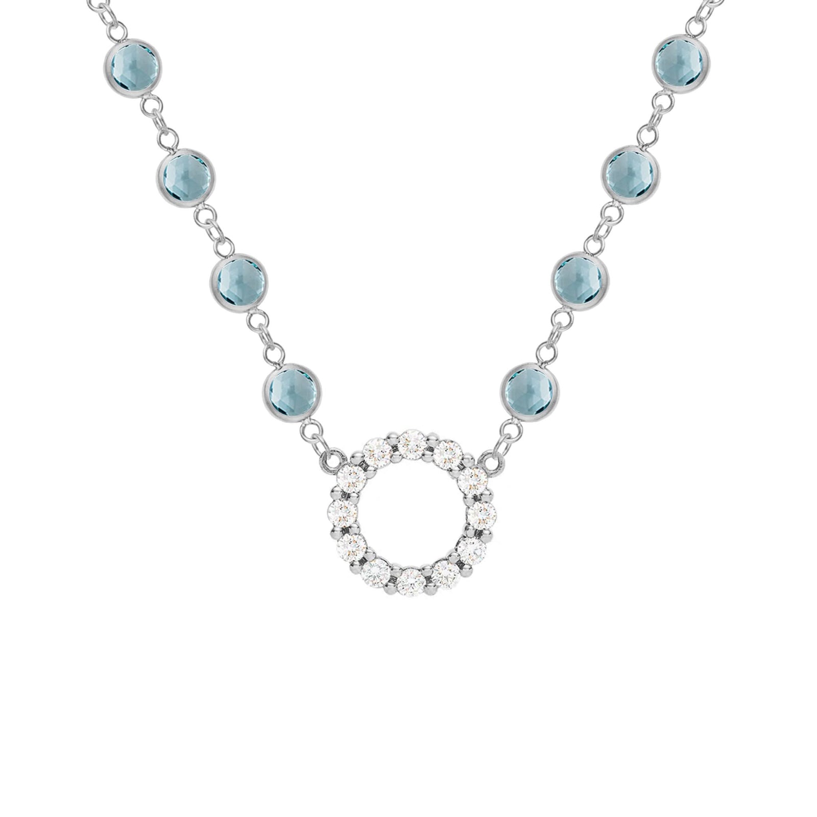 Rosecliff Diamond Small Circle & Newport Nantucket Blue Topaz Necklace in 14k Gold (December)