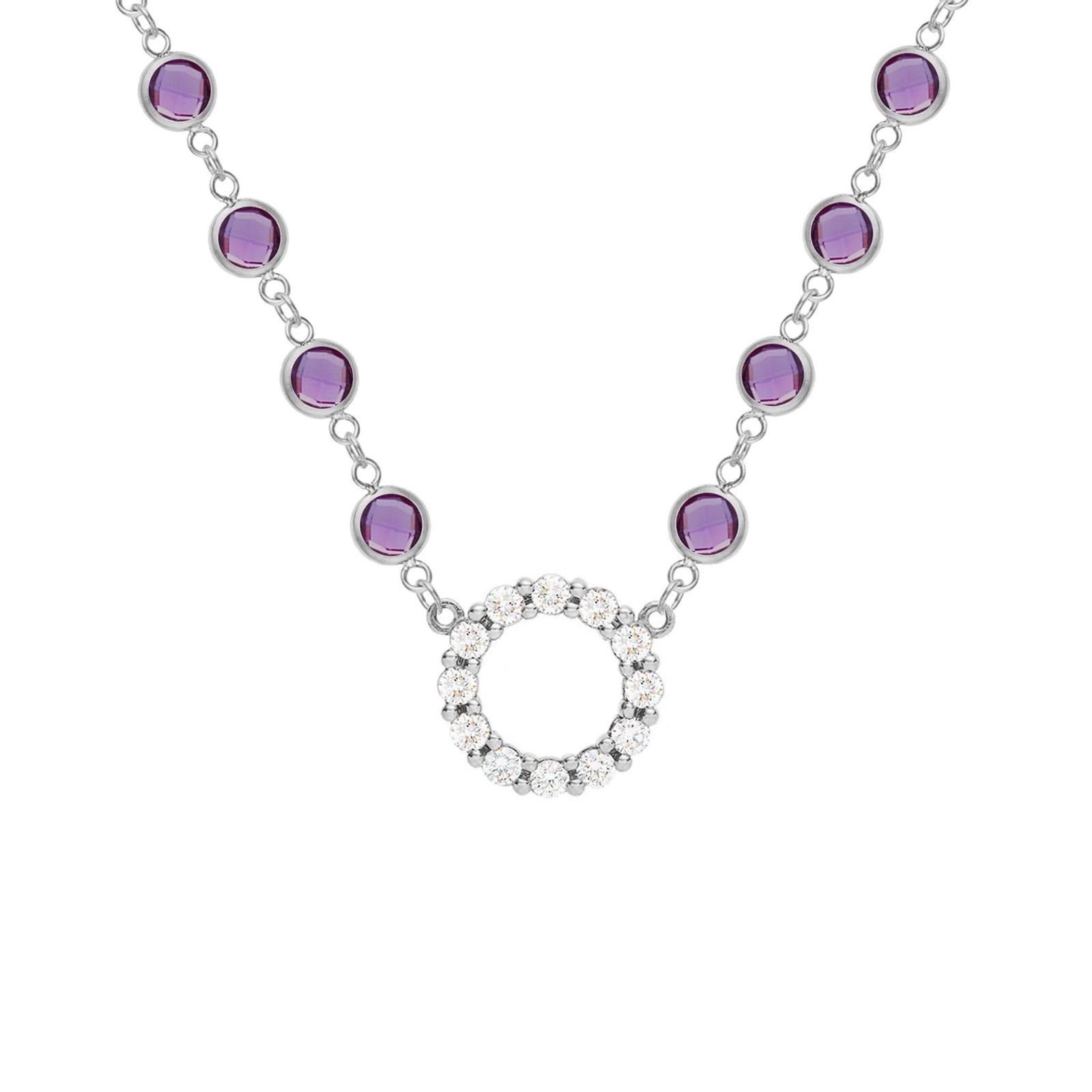 Rosecliff Diamond Small Circle & Newport Amethyst Necklace in 14k Gold (February)