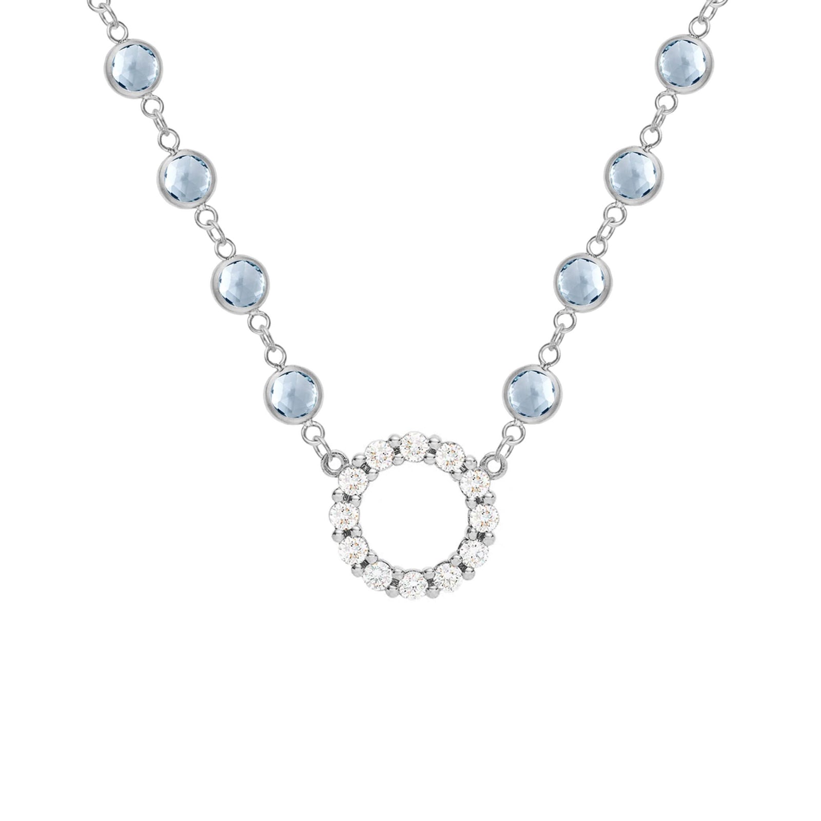 Rosecliff Diamond Small Circle & Newport Aquamarine Necklace in 14k Gold (March)