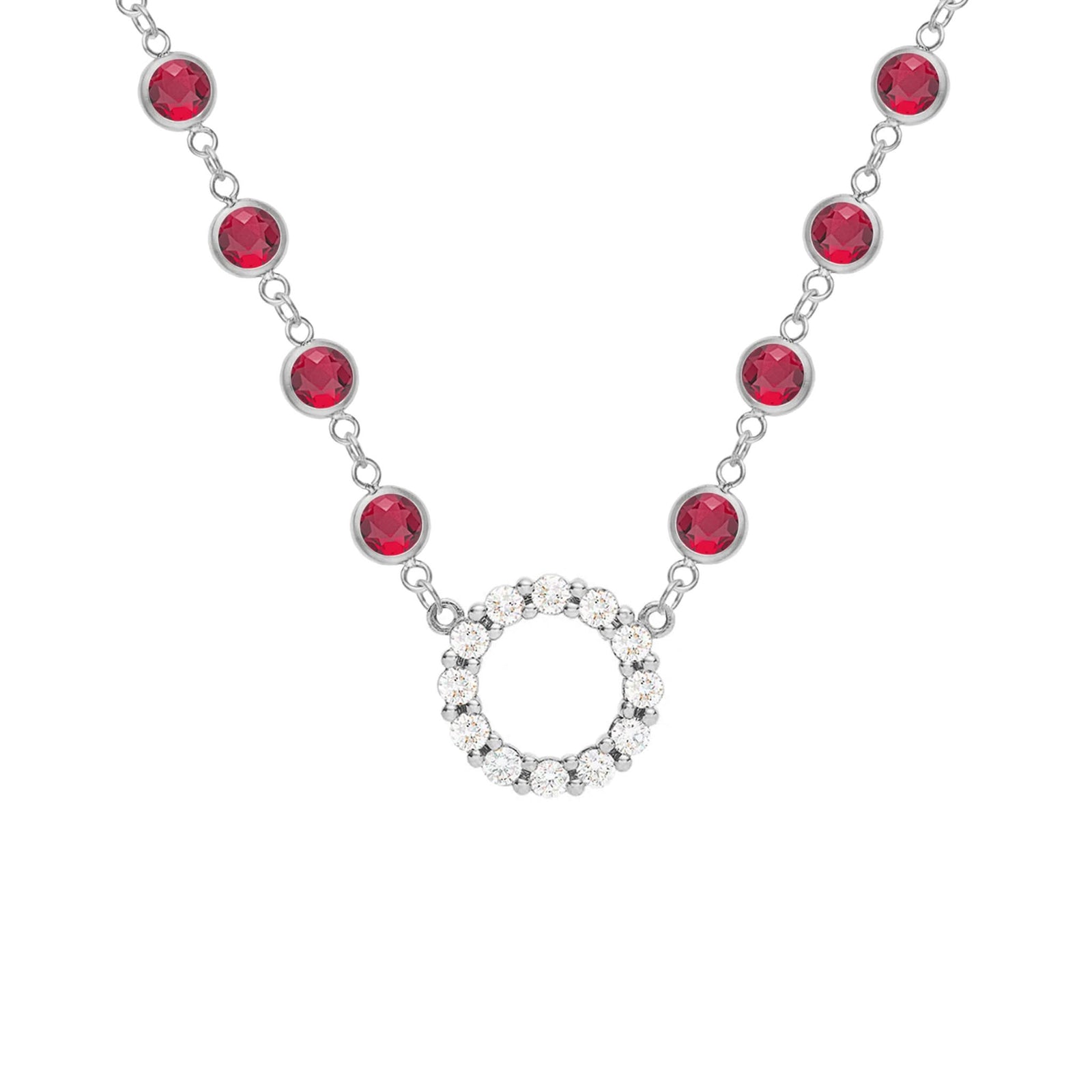 Rosecliff Diamond Small Circle & Newport Ruby Necklace in 14k Gold (July)