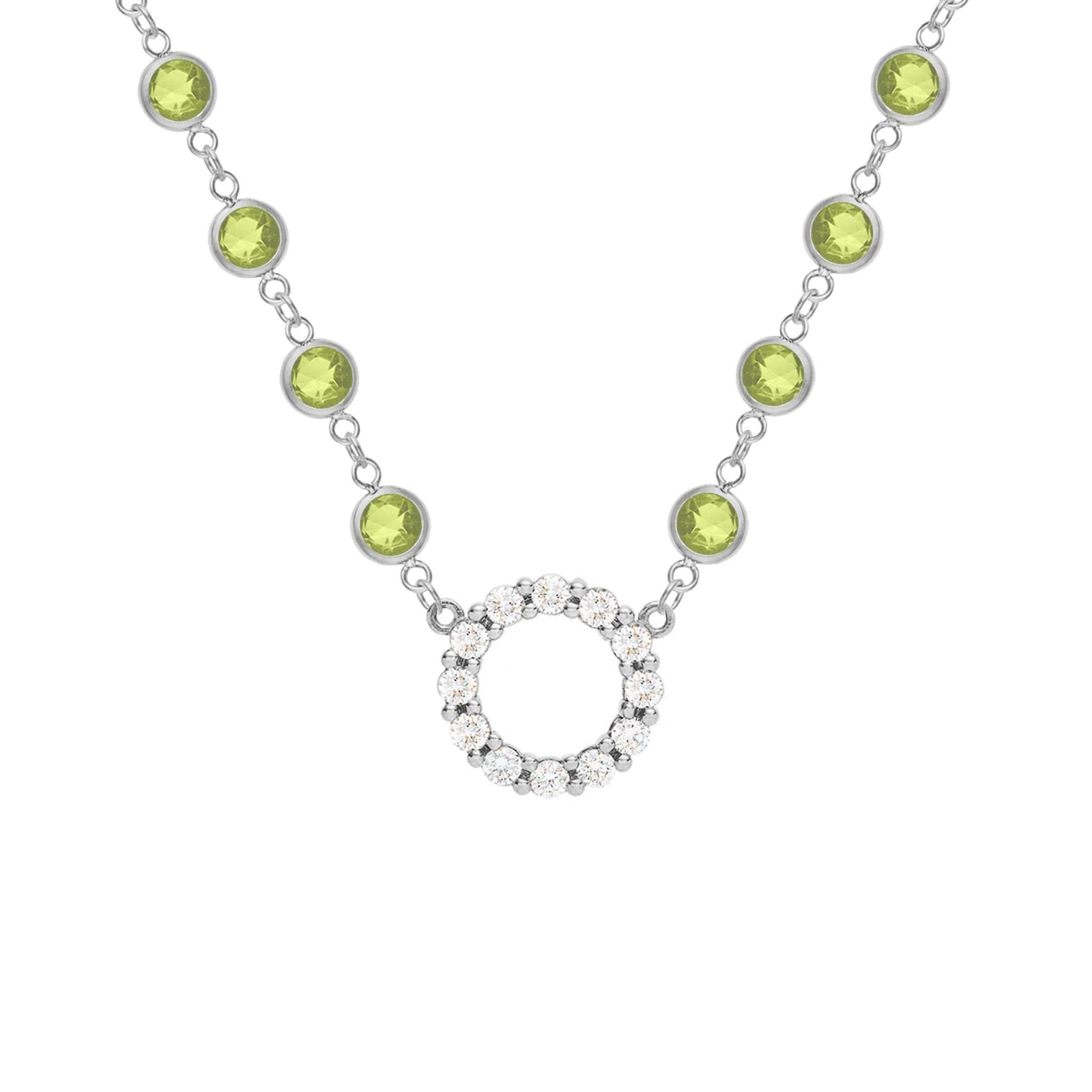Rosecliff Diamond Small Circle & Newport Peridot Necklace in 14k Gold (August)