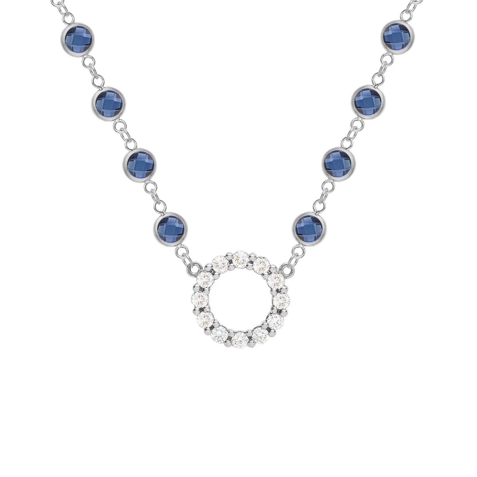 Rosecliff Diamond Small Circle & Newport Sapphire Necklace in 14k Gold (September)