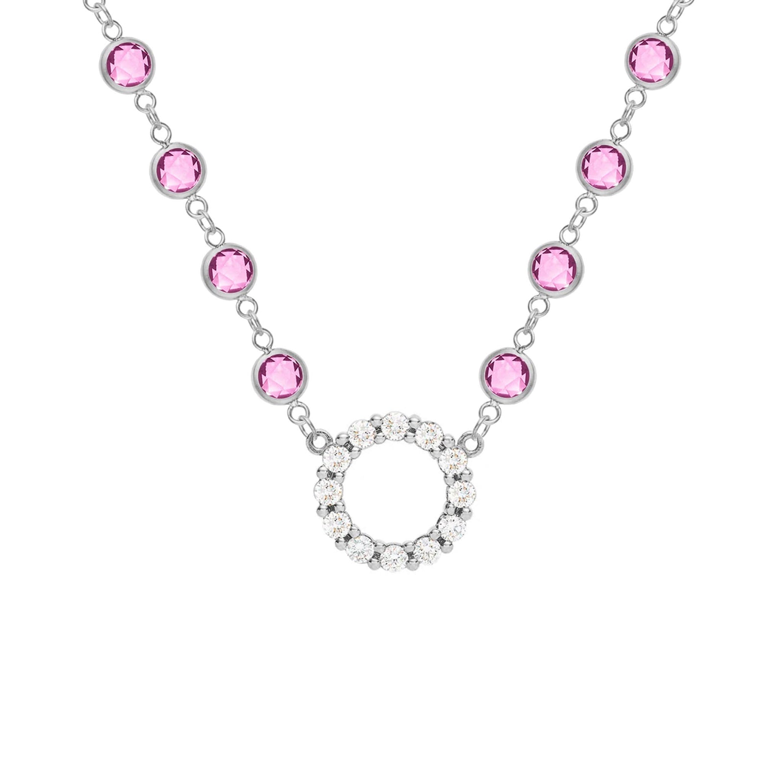Rosecliff Diamond Small Circle & Newport Pink Sapphire Necklace in 14k Gold (October)