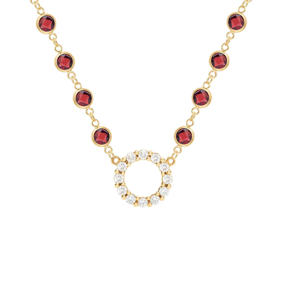 Rosecliff Diamond Small Circle & Newport Garnet Necklace in 14k Gold (January)