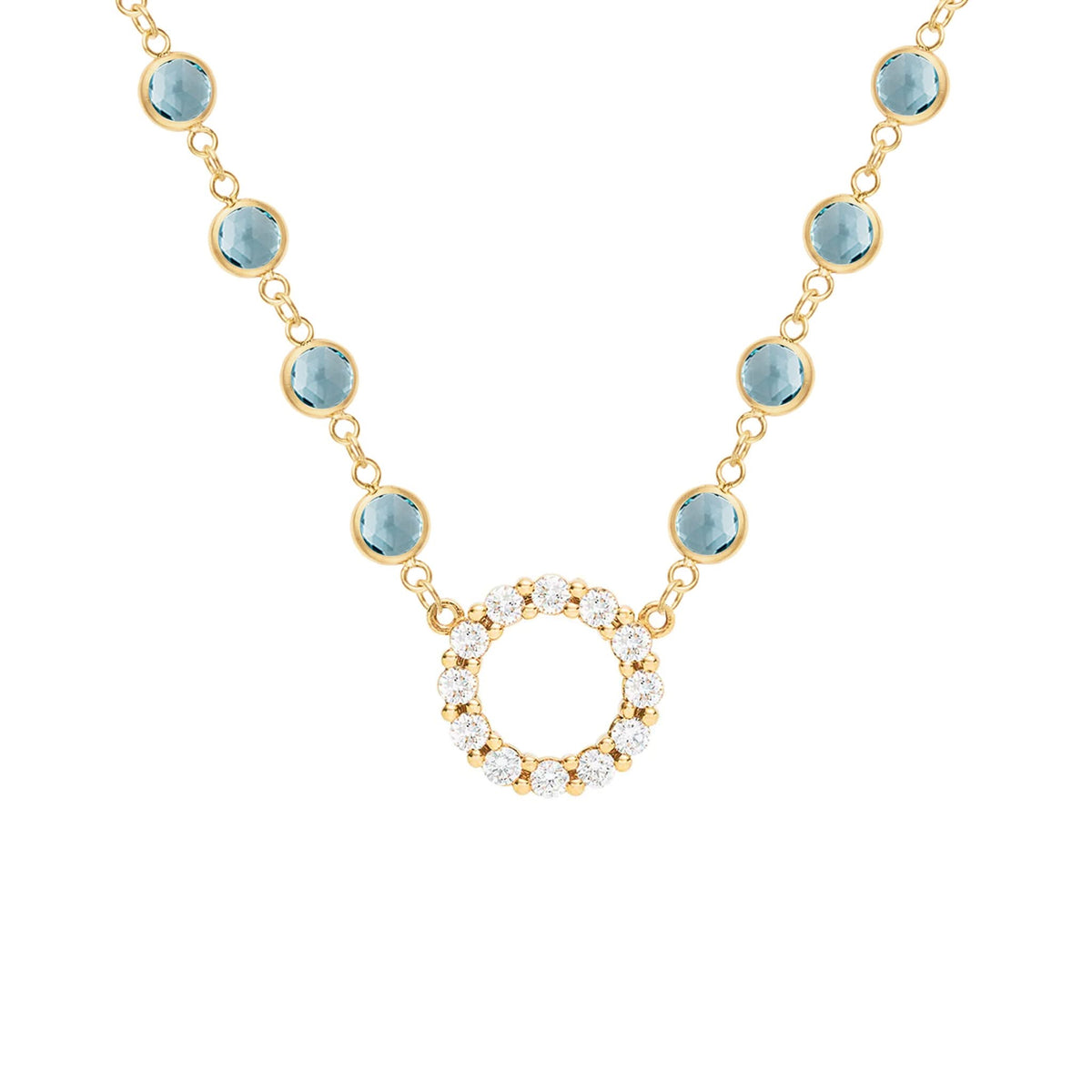 Rosecliff Diamond Small Circle & Newport Nantucket Blue Topaz Necklace in 14k Gold (December)