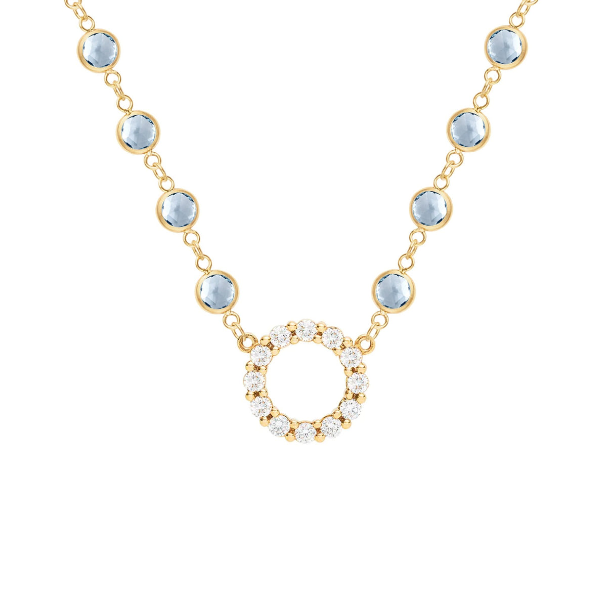 Rosecliff Diamond Small Circle & Newport Aquamarine Necklace in 14k Gold (March)
