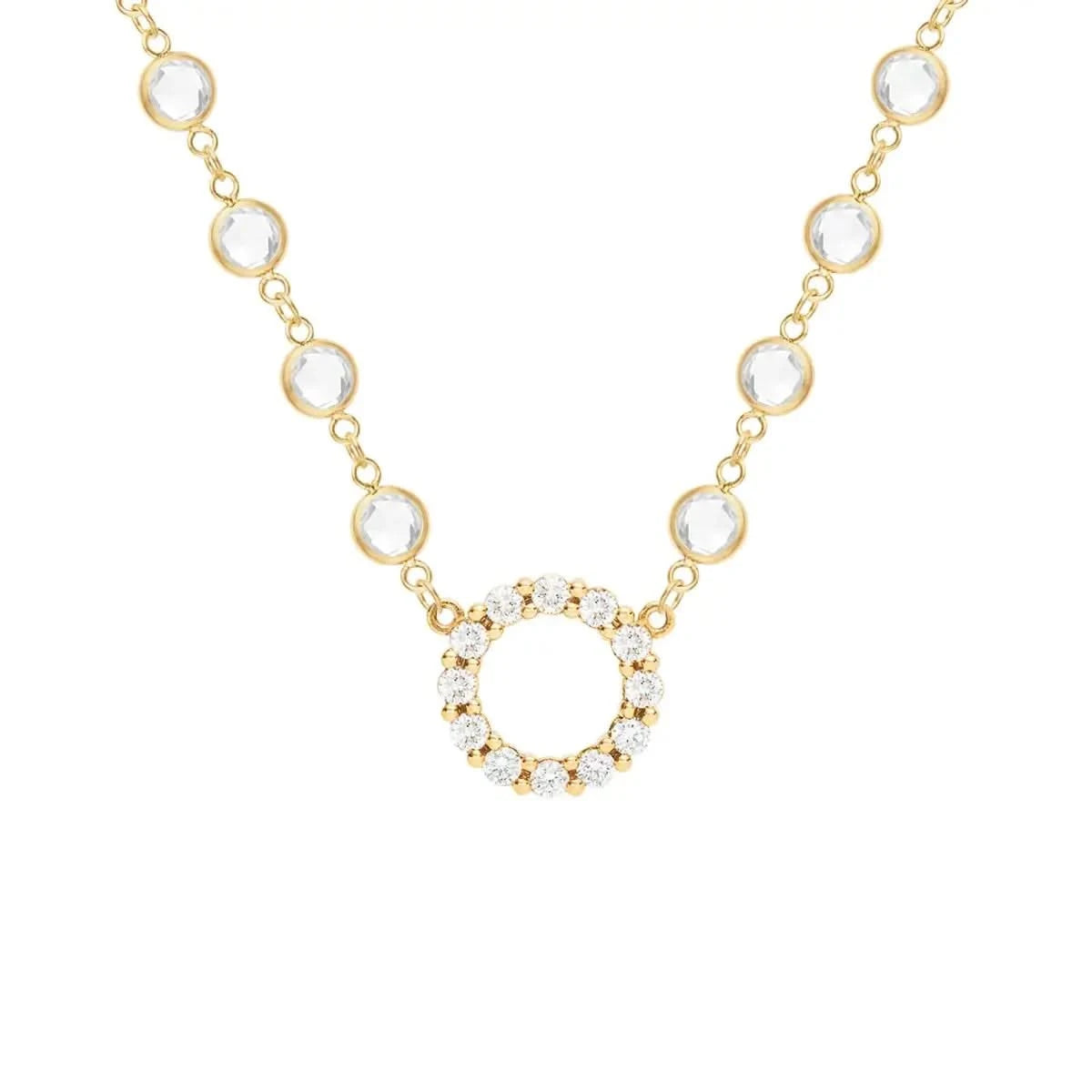 Rosecliff Diamond Small Circle & Newport White Topaz Necklace in 14k Gold (April)