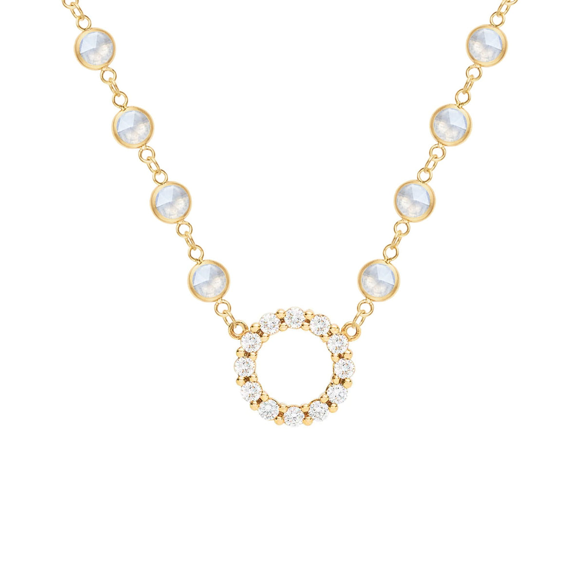 Rosecliff Diamond Small Circle & Newport Moonstone Necklace in 14k Gold (June)