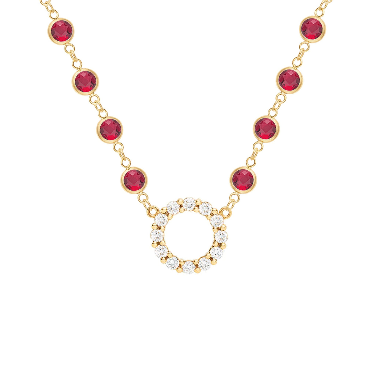 Rosecliff Diamond Small Circle & Newport Ruby Necklace in 14k Gold (July)