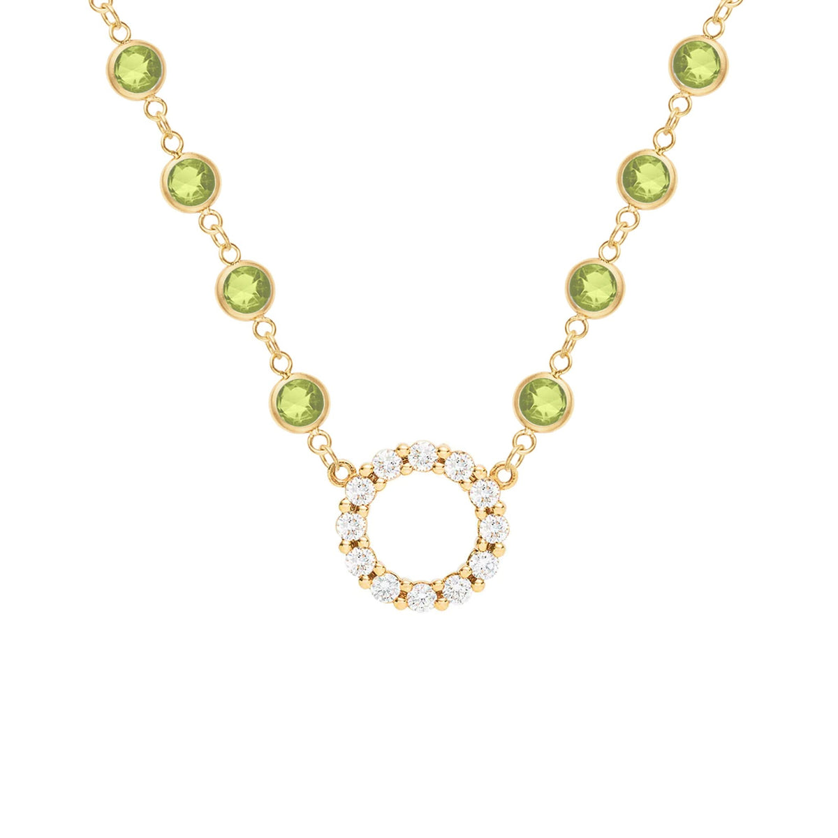 Rosecliff Diamond Small Circle & Newport Peridot Necklace in 14k Gold (August)