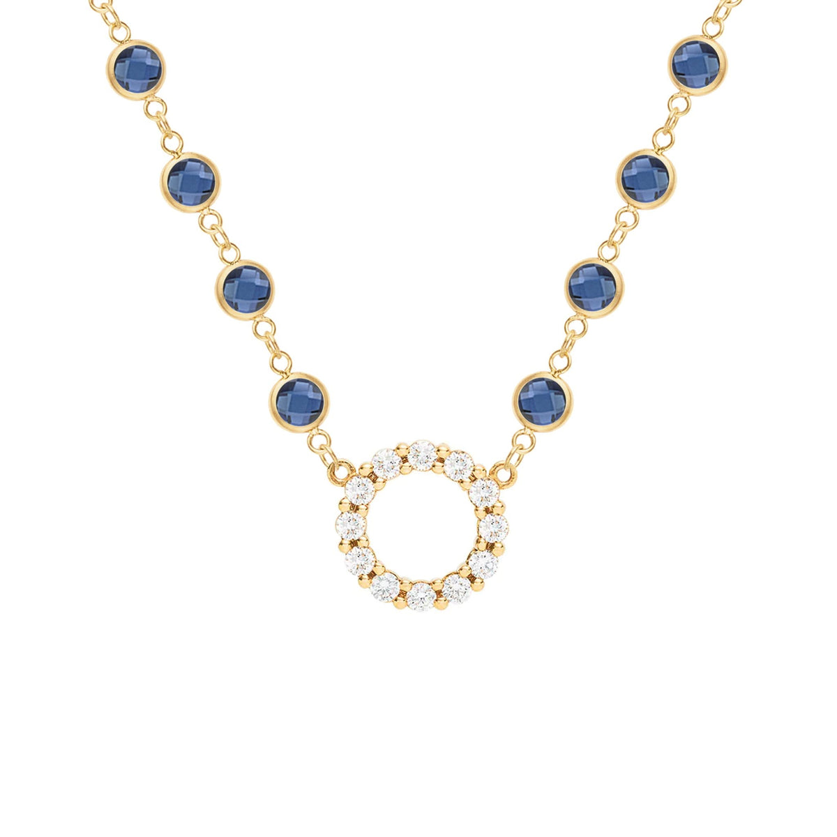 Rosecliff Diamond Small Circle & Newport Sapphire Necklace in 14k Gold (September)