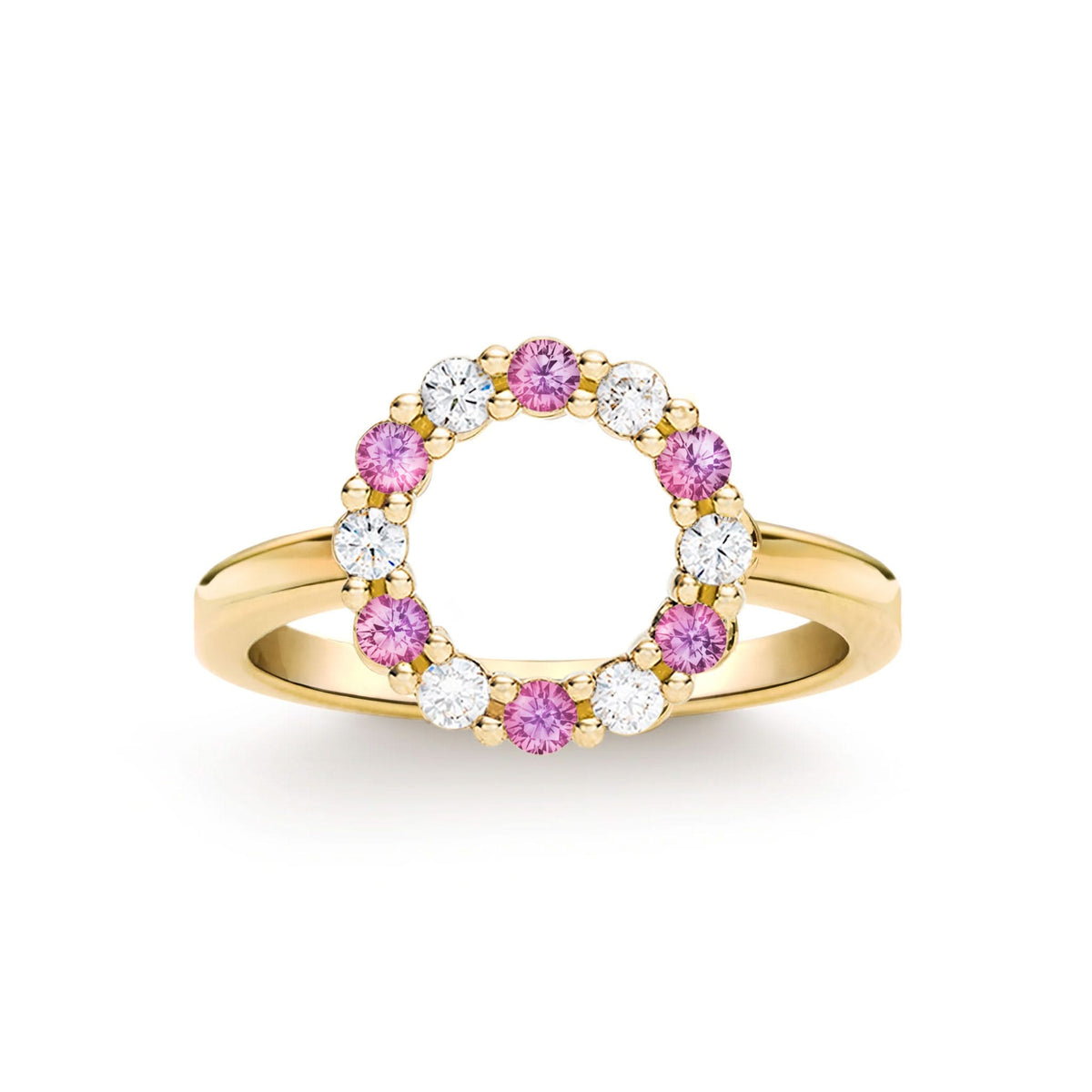 Rosecliff small open circle ring featuring twelve alternating pink sapphires & diamonds prong set in 14k gold - front view