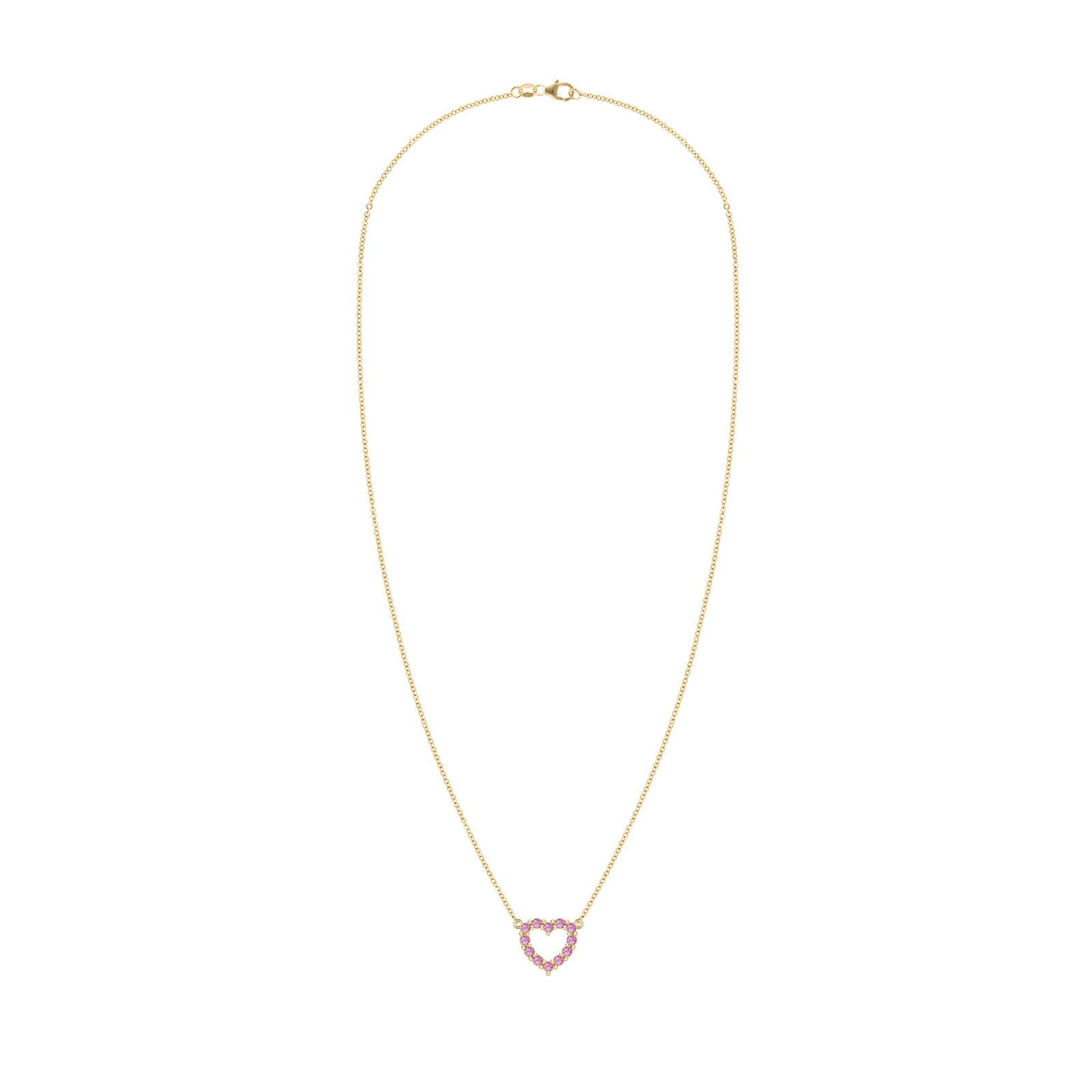 Rosecliff Heart Necklace featuring twelve faceted round cut pink sapphires prong set in 14k yellow Gold