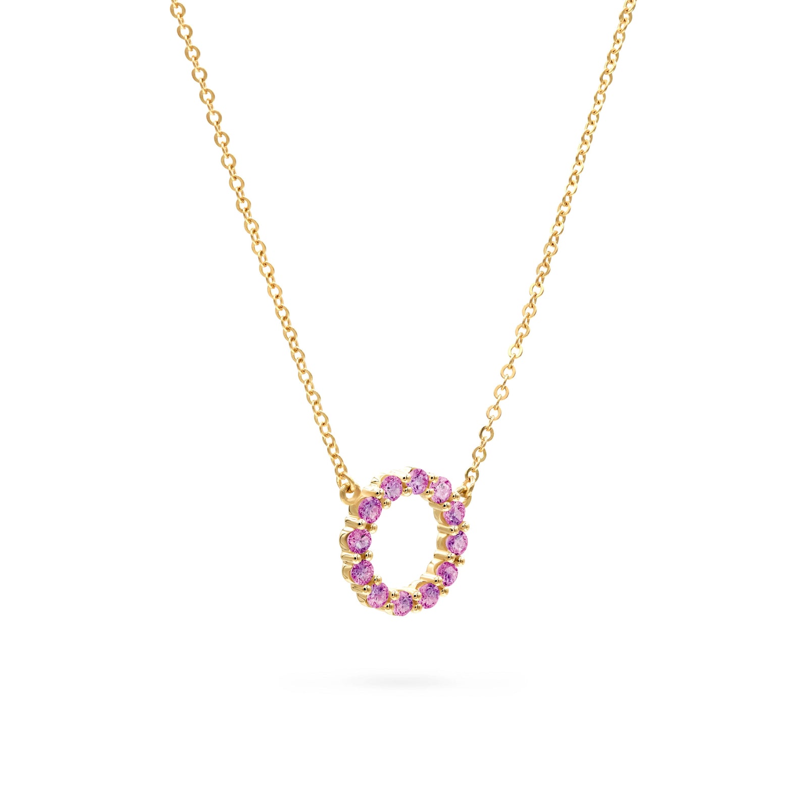 Rosecliff small open circle necklace featuring twelve 2mm round cut pink sapphires prong set in 14k gold - angled view