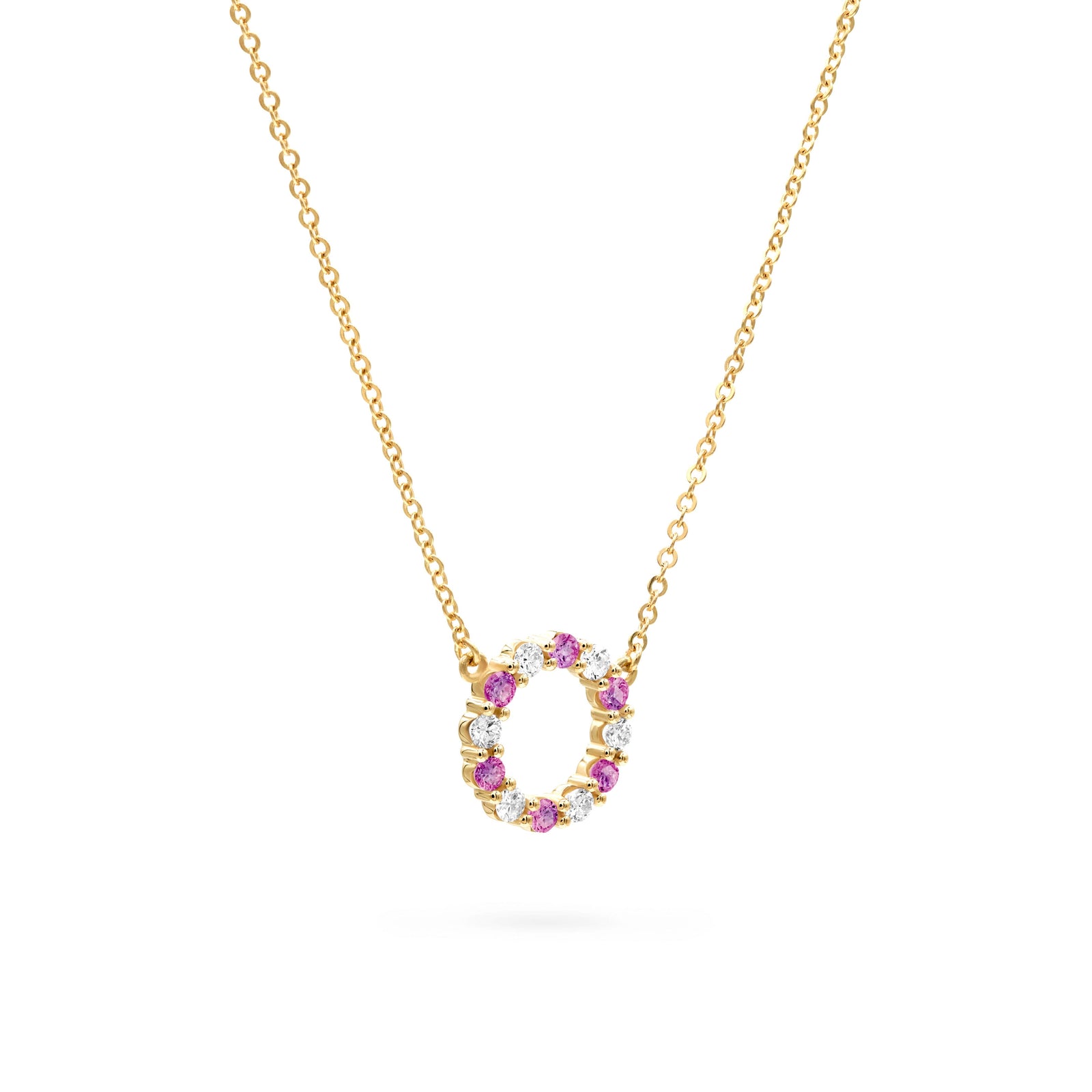 Rosecliff small open circle necklace with 12 alternating 2 mm pink sapphries & diamonds prong set in 14k gold - angled view