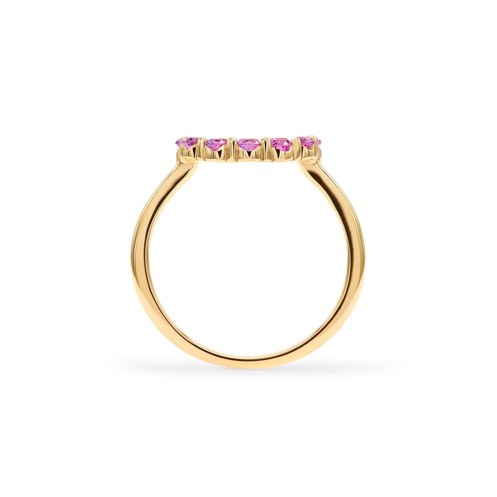 Rosecliff small open circle ring featuring twelve 2 mm round cut pink sapphires prong set in 14k gold - standing view