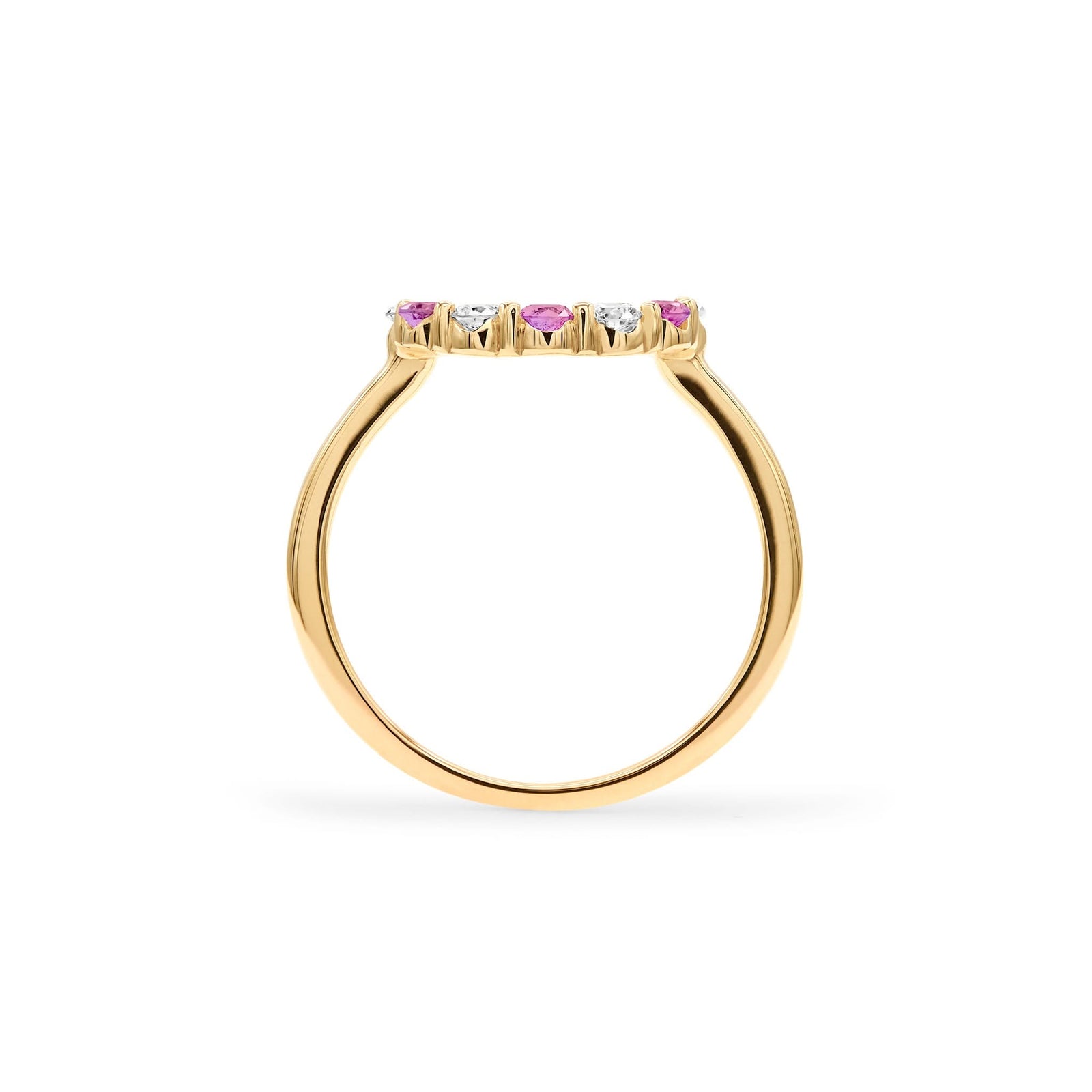 Rosecliff small open circle ring featuring alternating 2 mm pink sapphires & diamonds prong set in 14k gold - standing view